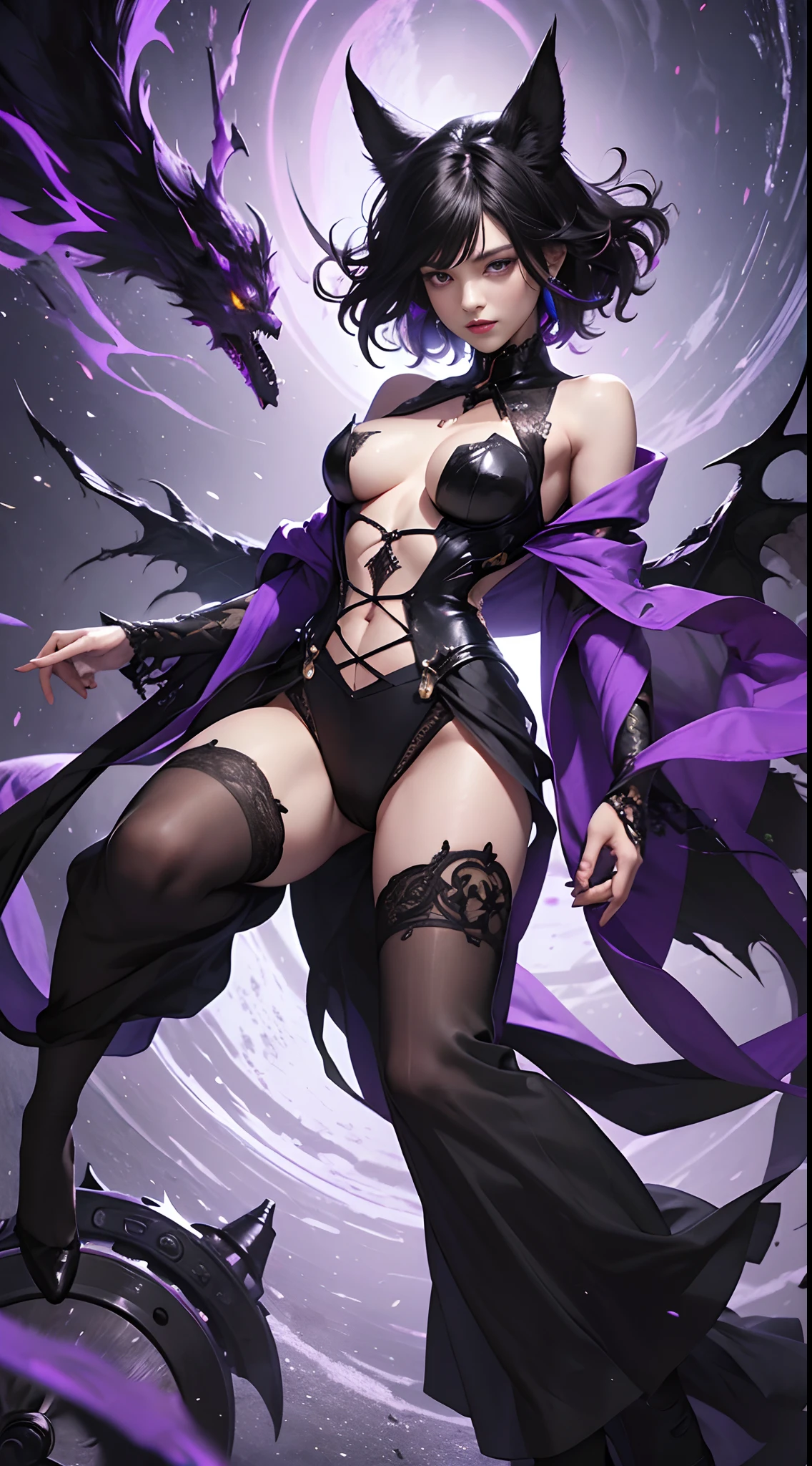 (Best Quality,4K,High resolution), Vampires(Best Quality,4K,High resolution),Jet black hair on a black body, Covered with hair all over the body，Vampires， transform,An abnormal，sharp eye，Glowing purple eyes，Facial expression enhancement，，Changing the Appearance of a Transform，beast，Beastification，buttle，Delicate illustrations drawn in detail，Realistic skin texture expression，Realistic portrayal，Vibrant colors，expresive，Classic background(Best Quality,4K,High resolution), Comical appearance，(Best Quality,4K,High resolution), 18yo woman, Purple highlights on black hair, Bery short hair,Short-haired hair, Cool Woman,ghosting，Cold eyes ,sharp eye，Intricately decorated ripped clothes，comic strip，animesque，Comical illustration，busy，Deformed cute illustration，Full body projection，Halloween，Dark worldview