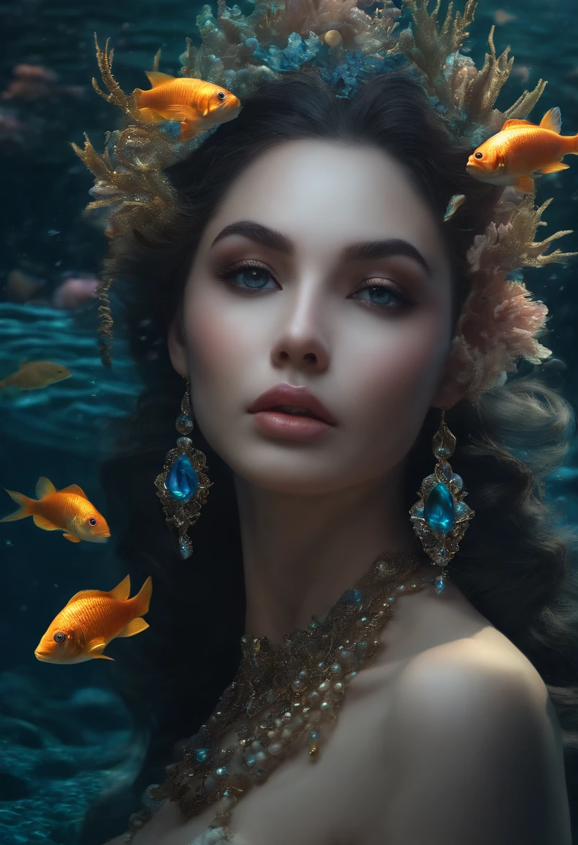 ompts
Copiar prompts
(Best quality,4K,8K,A high resolution,Masterpiece:1.2),Ultra-detailed,Beautiful detailed eyes,beautiful detailed lips,Extremely detailed eyes and face,long eyelasher,Seductive gaze,((Fish tail)),Shimmering scales,Ethereal beauty,A mysterious underwater world,glittering ocean,Illuminated by moonlight,fantastical creature,Lush underwater flora,Rippling waves,Flowing hair,Rainbow color palette,Beautiful shell and coral decoration,Be captivated by the deep sea,Seductive mermaid song,Mesmerizing charm,mythological creatures,hauntingly beautiful,Marine life,hyperrealistic atmosphere,ethereal and graceful,Powerful and elegant,Swim gracefully,Banshee of the Deep,Underwater seduction girl,The dark depths of mystery,Cast in a dramatic pose