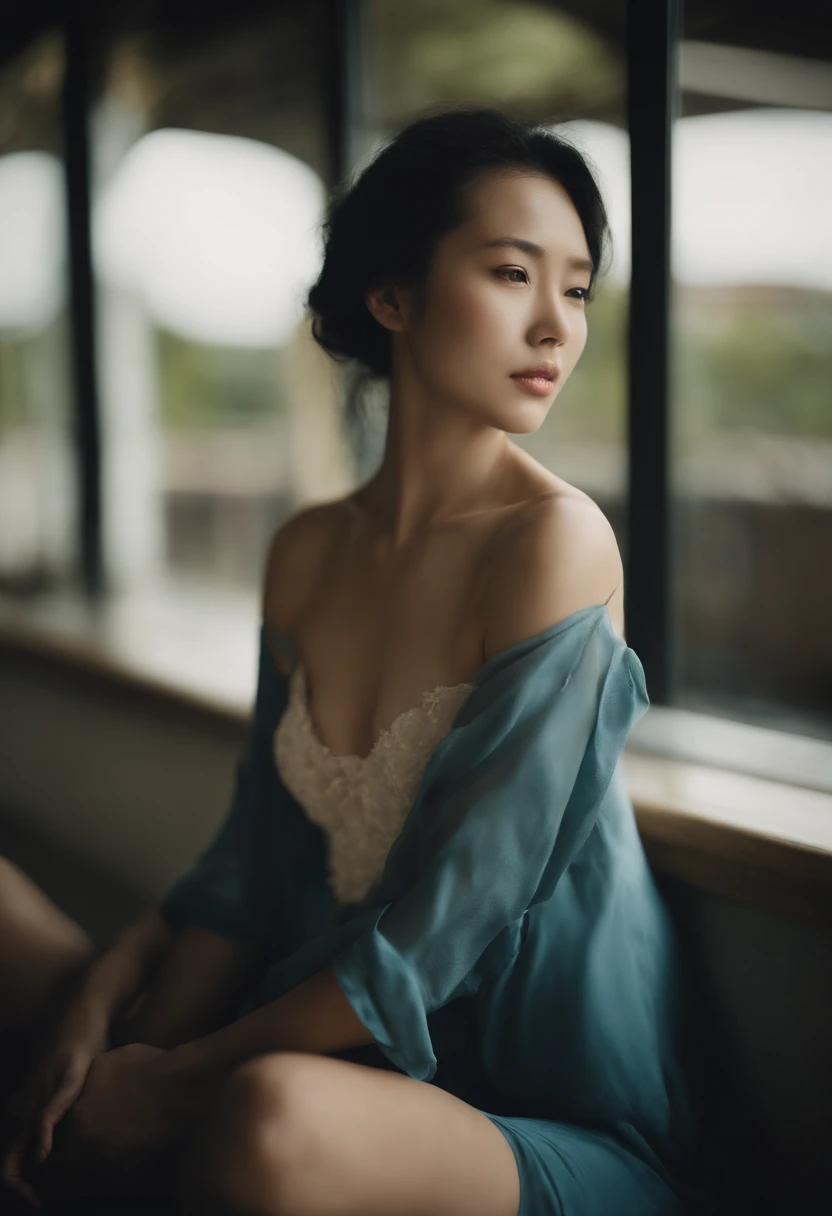 Photo of a Beautiful japanese kpop idol Woman, Summer, Lustful, film grain, Ilford HP5, 80mm, sea shore, wet blue transparent top, (no bra), (no panty), medium hard nipples,fully focused vivid color picture, starring at me, long very beautiful legs, very attractive face