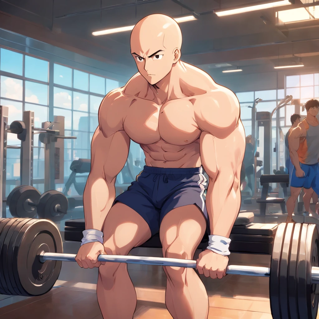 Saitama ((careca)), Um homem de soco, masculino, Working out intensely in a bodybuilding gym, Well-defined and detailed muscles,