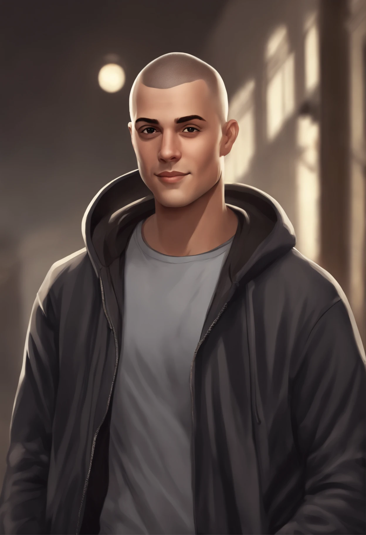 cartoon image of a 115kg male with faded buzz cut haircut wearing a gray hoodie, character portrait, light brown eyes, buzz cut(black:1.5,), smiling, inspired by Johnny Deep with short hair, (black:1.5,dark brown:1.3, gray:1.2),