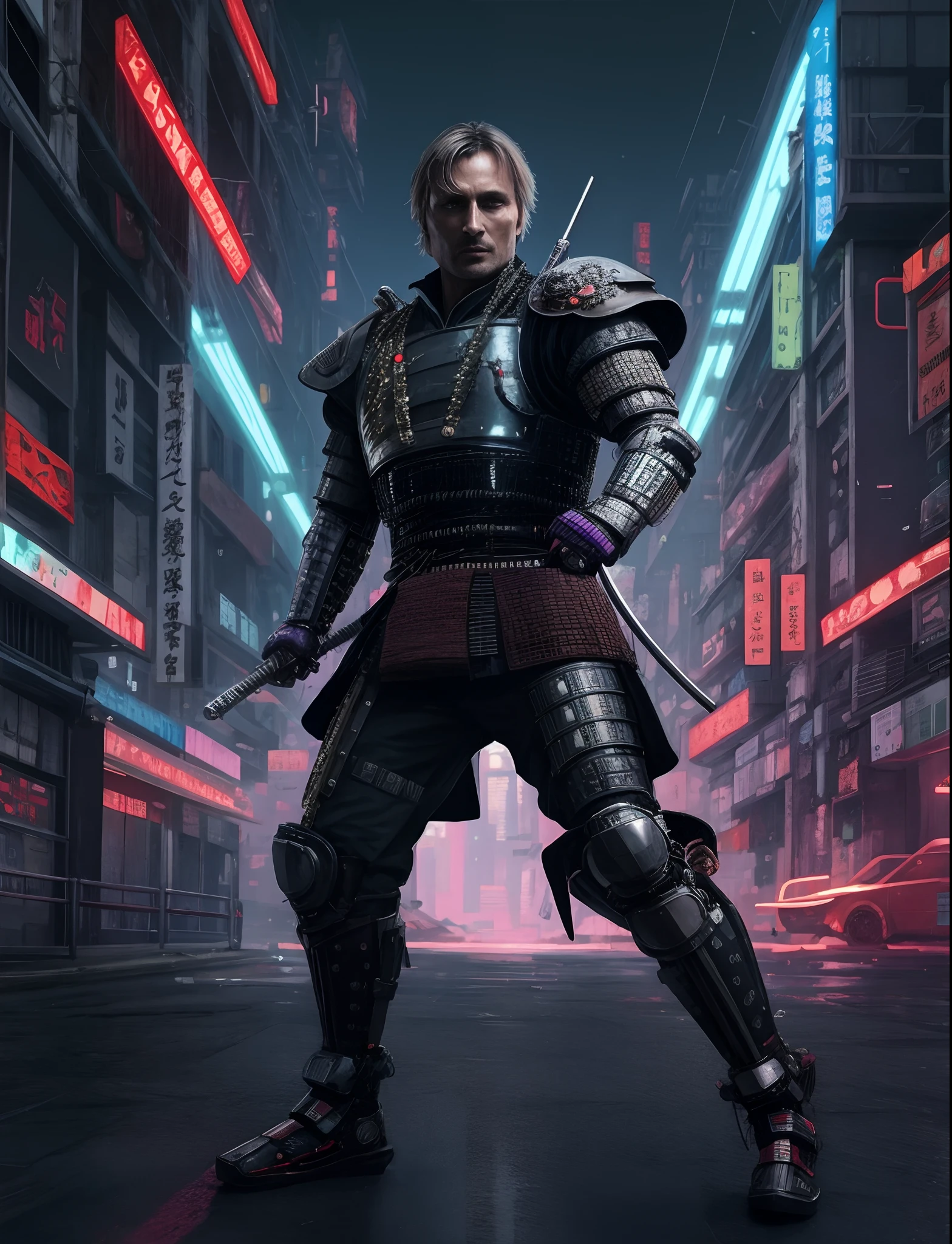 ((Mads Mikkelsen)), Image of a man in armor standing on a city street, samurai cyberpunk, Retrato de um samurai cyberpunk, samurai cyberpunk muito bonito, gladiador cyberpunk, cavaleiro cyberpunk, samurai urbano, arte cyberpunk ultrarrealista 8k, arte de fantasia sombria cyberpunk, Cyberpunk Rua Goon, cyberpunk hero, em cyberpunk city, Samurai ciborgue, arte do personagem cyberpunk, soldado cyberpunk