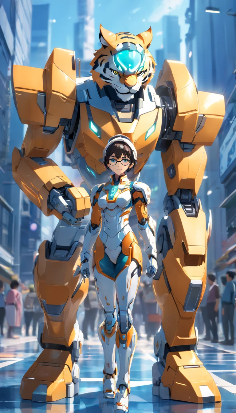Robot Tiger, (Blind box toy style:1.2), (full body shot of) , 1 Transparent Boy,Behind him is a fierce transparent robotic tiger, Mecha transparent, Exquisite helmet:1.2, Glasses:1.2, Cyberpunk, dreamy glow, luminous neon lights, ren, white backgrounid, ( global ilumination, Stripe tracking, hdr, unreal render,reasonable design, high detal, Master parts, Best quality, hyper HD, Cinematic lighting)