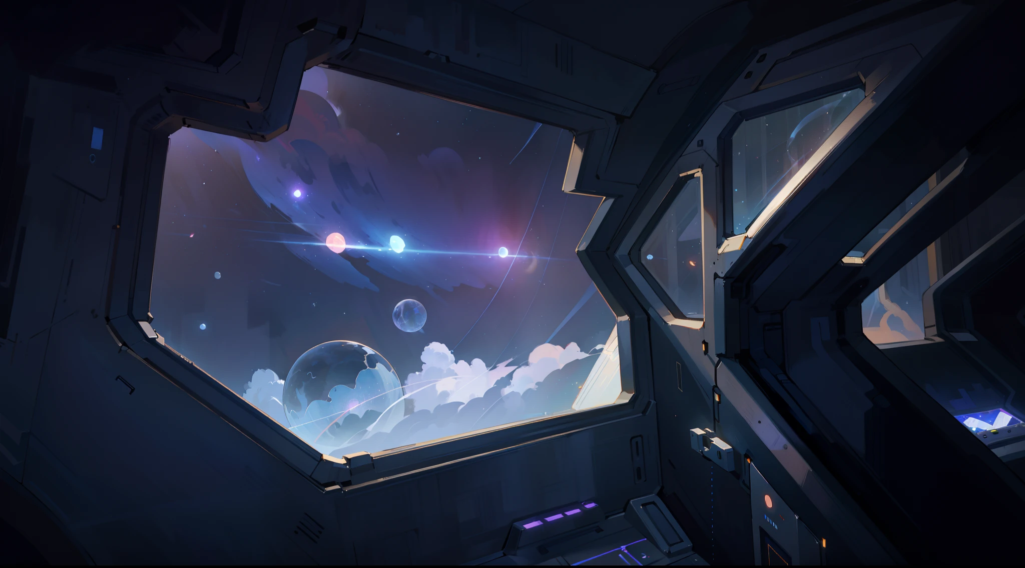 (best quality,4k,8k,highres,masterpiece:1.2),ultra-detailed,(realistic,photorealistic,photo-realistic:1.37),window of space ship,space atmosphere,dark outer space,vibrant stars,midnight blue colors,soft moonlight,reflection on the window,transparent glass,metallic frame,futuristic design,high-tech paneling,seamless view of space,floating objects,nebula clouds,mysterious aura,hi-tech controls,glowing buttons,shadows and highlights,sci-fi aesthetics,interstellar travel setting,astronaut silhouette,breathtaking scenery,quiet and peaceful ambiance,orbiting celestial bodies,depth and perspective,deep space exploration,calmness and serenity,expansive universe,limitless possibilities,escape from reality