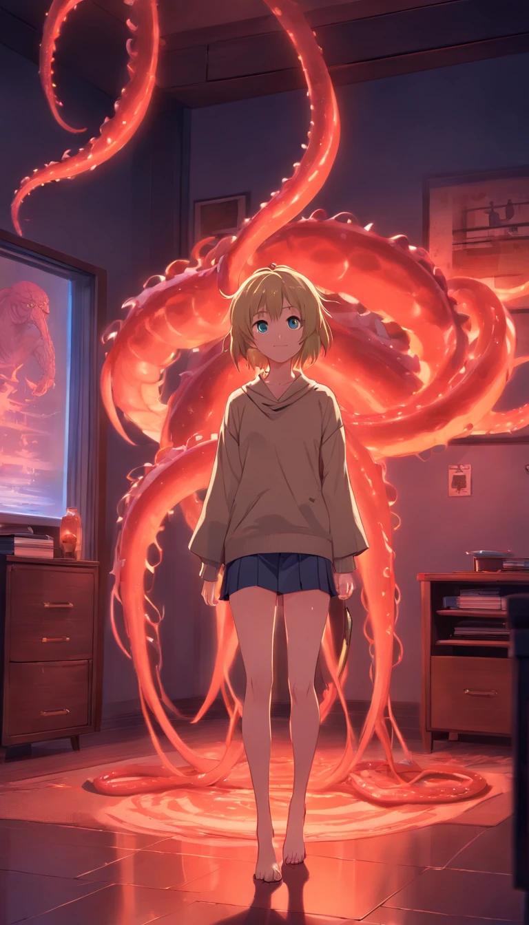 Nsfw, ((beste-Qualit)), ((Master Part)), A large demonic monster with slimy tentacles, sticking out of the back, supported by its long arms, Short legs, Dog paws, big hands, grey skin, deep blue eyes, Thin, pale blonde hair, pointed ears, Handsome humanoid scary guy with long lower fangs, summoned alone at night to a modern and creepy living room, illuminated by a chilling red light