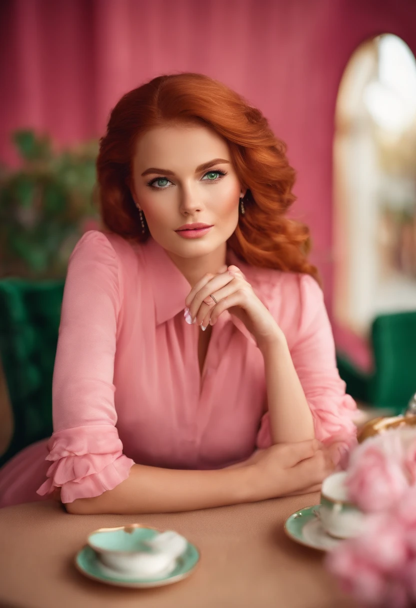I want an image with a pink environment in the background, imitating a Barbie world, sitting having a cup of tea, on the table a piece of cake of a red-haired woman with medium hair, green eyes, freckles on her face, 24 years old, dressed in a pink outfit