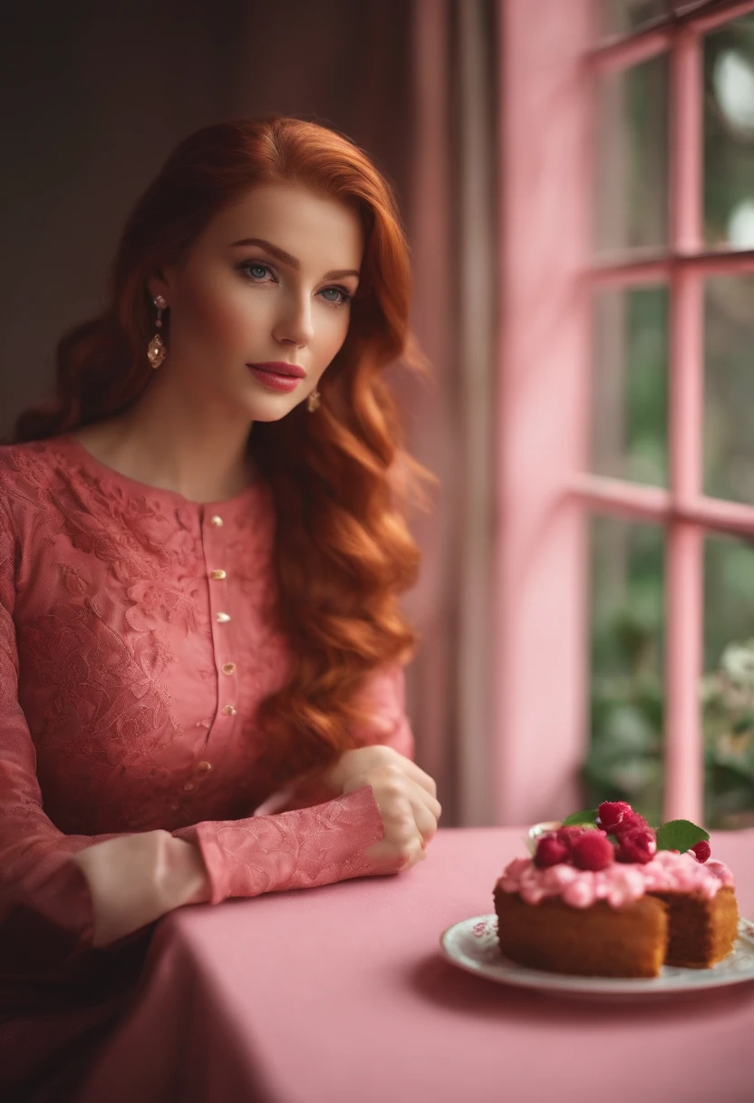 I want an image with a pink environment in the background, imitating a Barbie world, sitting having a cup of tea, on the table a piece of cake of a red-haired woman with medium hair, green eyes, freckles on her face, 24 years old, dressed in a pink outfit