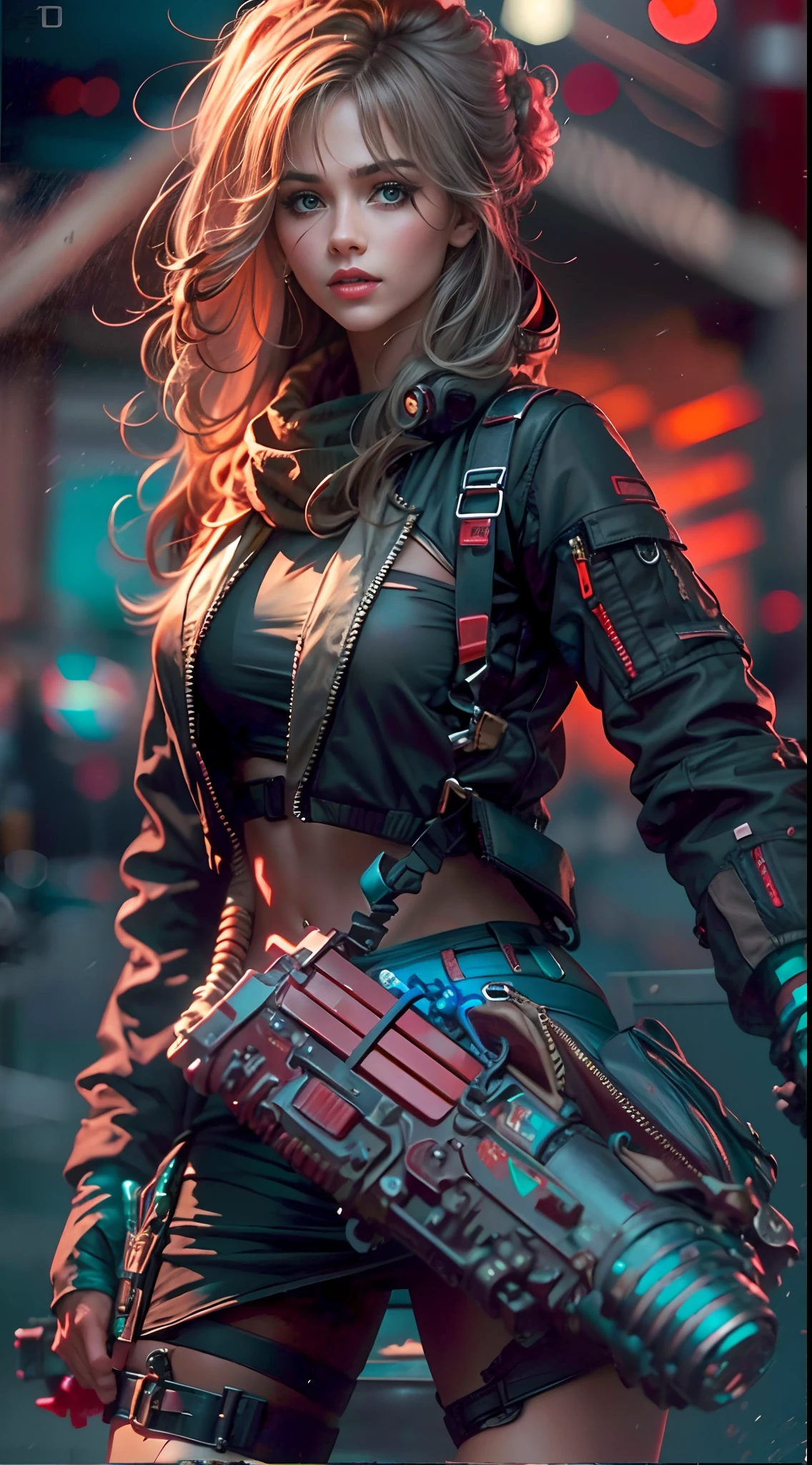 motor irreal:1.4,CG ultra realista 64K, fotorrealista:1.4, textura de la piel:1.4, obra 1girl,gatling gun,  shell casing, looking at viewer, bangs, ammunition belt, gloves,breasts,firing,
extreme detailed,highest detailed, optical mixing, playful patterns, lively texture, unique visual effect,o cyberpunk color amarillo, pantimedias red , mini skirt blue,