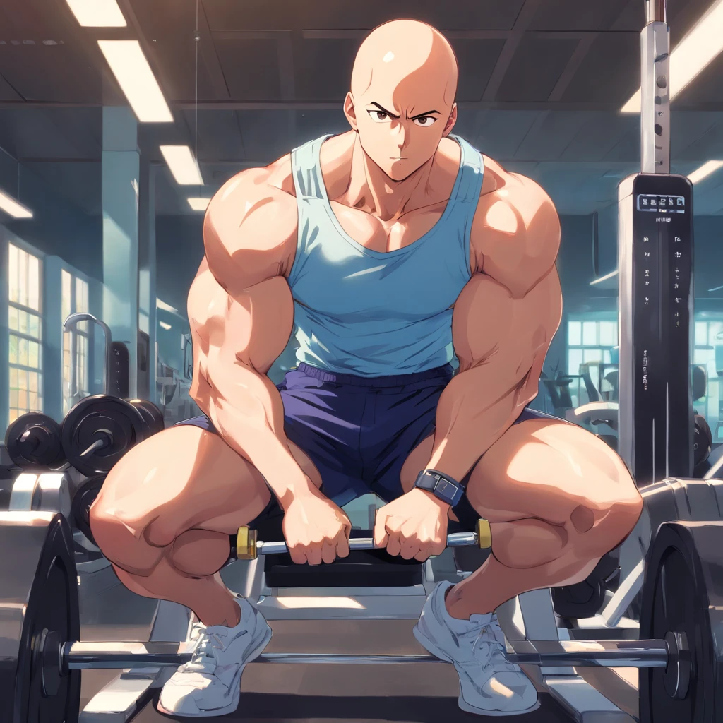 Saitama ((careca)), Um homem de soco, masculino, Working out intensely in a bodybuilding gym, Well-defined and detailed muscles,