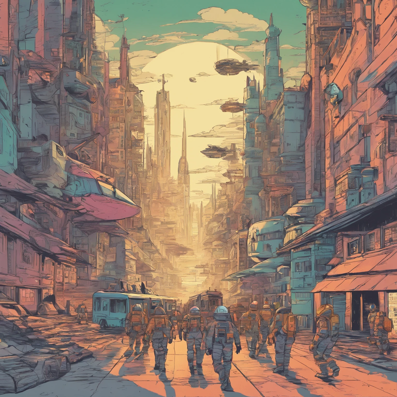 midshot, (cel-shading style:1.3), group of an astronauts walking into the spaceship landad in the street of a big city,  centered image, ultra detailed illustration of a highest metropolis, (tetradic colors), inkpunk, (ink lines:1.1), strong outlines, art by Sead Mead, bold traces, unframed, high contrast, (cel-shaded:1.1), vector, 32k resolution, best quality, flat colors, flat lights