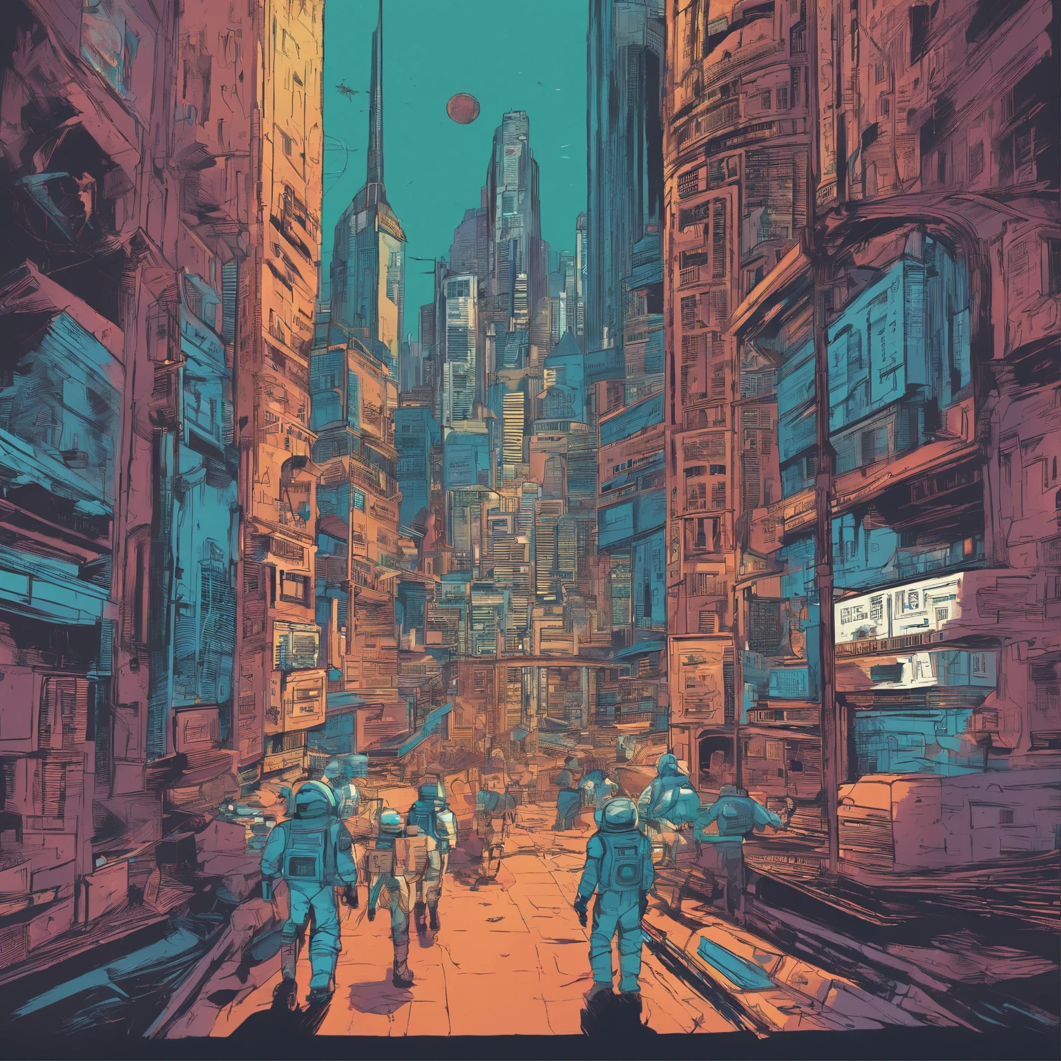 midshot, (cel-shading style:1.3), group of an astronauts walking into the spaceship landad in the street of a big city, centered image, ultra detailed illustration of a highest metropolis, (tetradic colors), inkpunk, (ink lines:1.1), strong outlines, art by Sead Mead, bold traces, unframed, high contrast, (cel-shaded:1.1), vector, 32k resolution, best quality, flat colors, flat lights