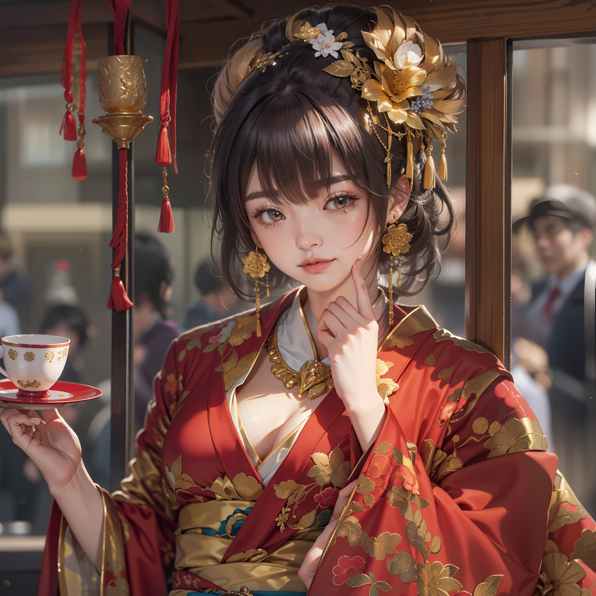 Detailed background(tea shop(The cityscape of Kyoto seen outside the window))、BREAK,Holding it to your mouth(a cake),BREAK,elaborate costume{Luxury kimono(Dark red kimono(Detailed golden embroidery,))}、(Japanese Idol(actress):1.2)(face perfect:1.2),Depicting a beautiful and classy adult woman。glossy dark hair,poneyTail,Heart in the eye。 Wallpapers 16K, .Blur the background with a sickle,((masutepiece)), ((Best Quality)),{{a portrait photo of}},full body Esbian、Faraway view,Like a corporate logo