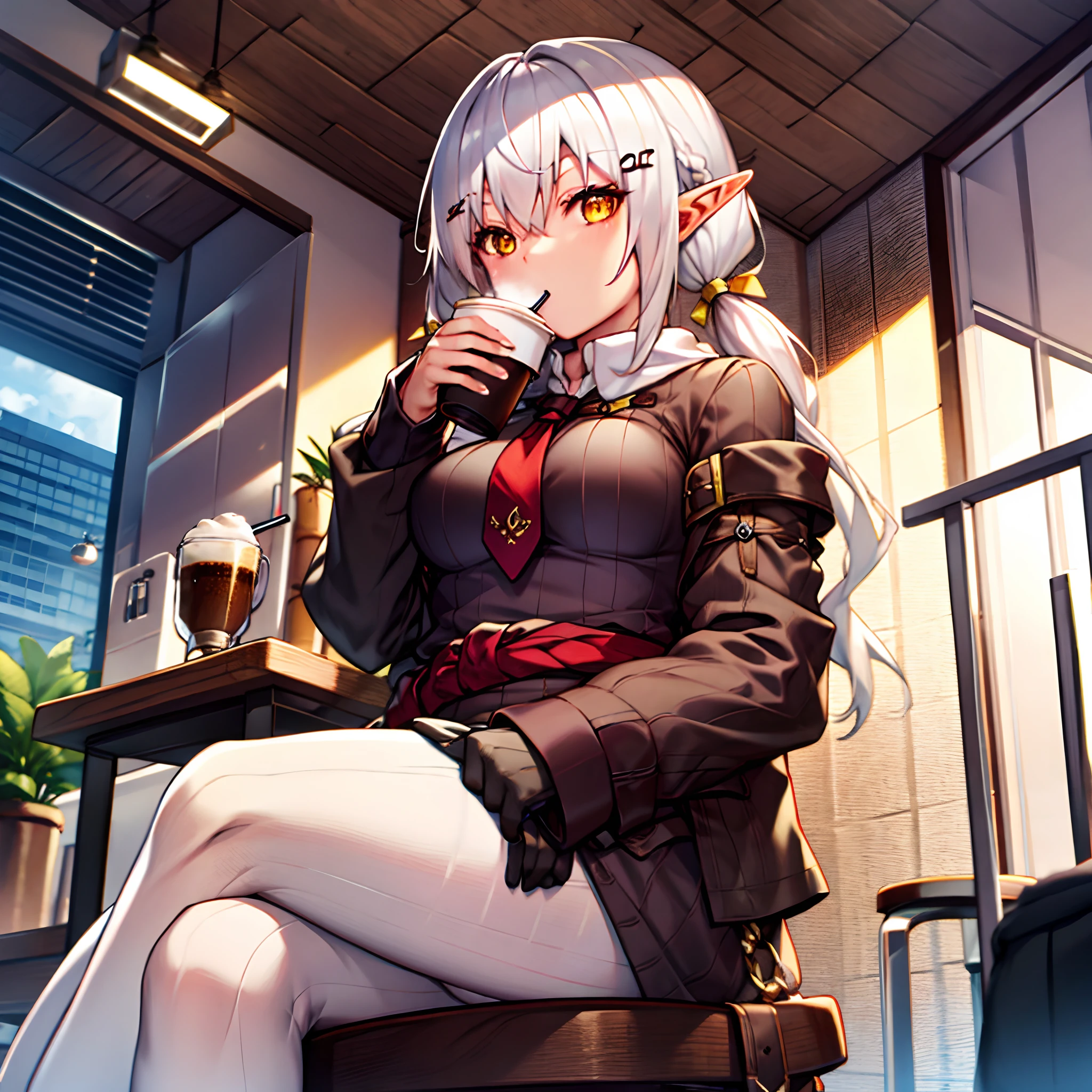 girl, white hair, yellow eye, elf, medium breast, twintail hair style, adventure theme, sit on the chair, drinking coffee