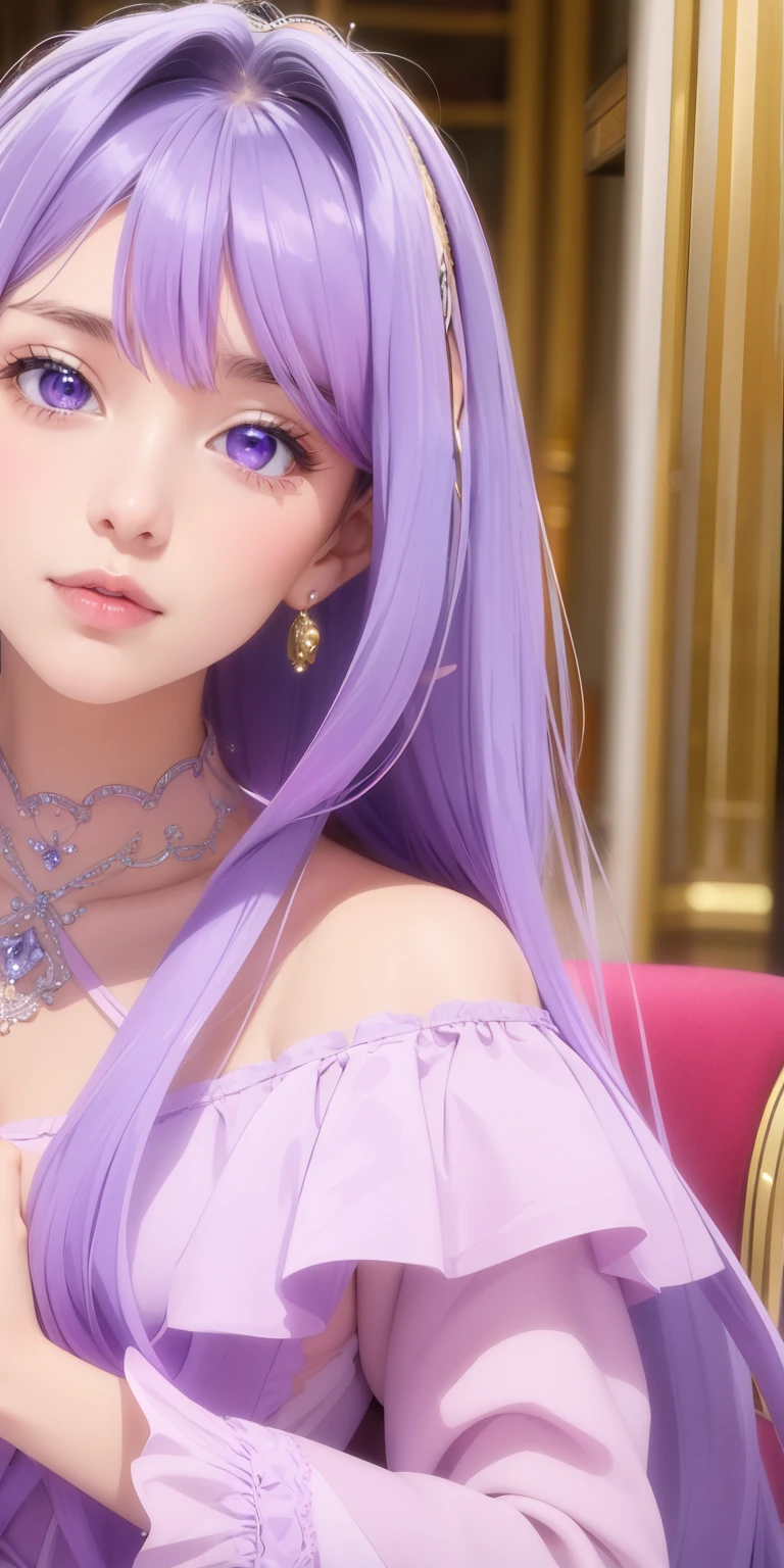 (masterpiece), best quality, intricate details, ultra details, ultra quality, rule of third, (looking at viewer), detailed face, detailed iris, glossy lips, 1girl, solo, long hair, purple eyes, hair between eyes, purple hair, hair intakes, bangs, :D, (full body shot), pink dress, inside, royal banquet, curtsey