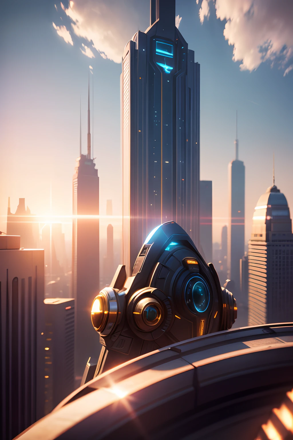 sci fi empire, lens flare, depth of field, outdoors, rooftop, sky, skyscraper