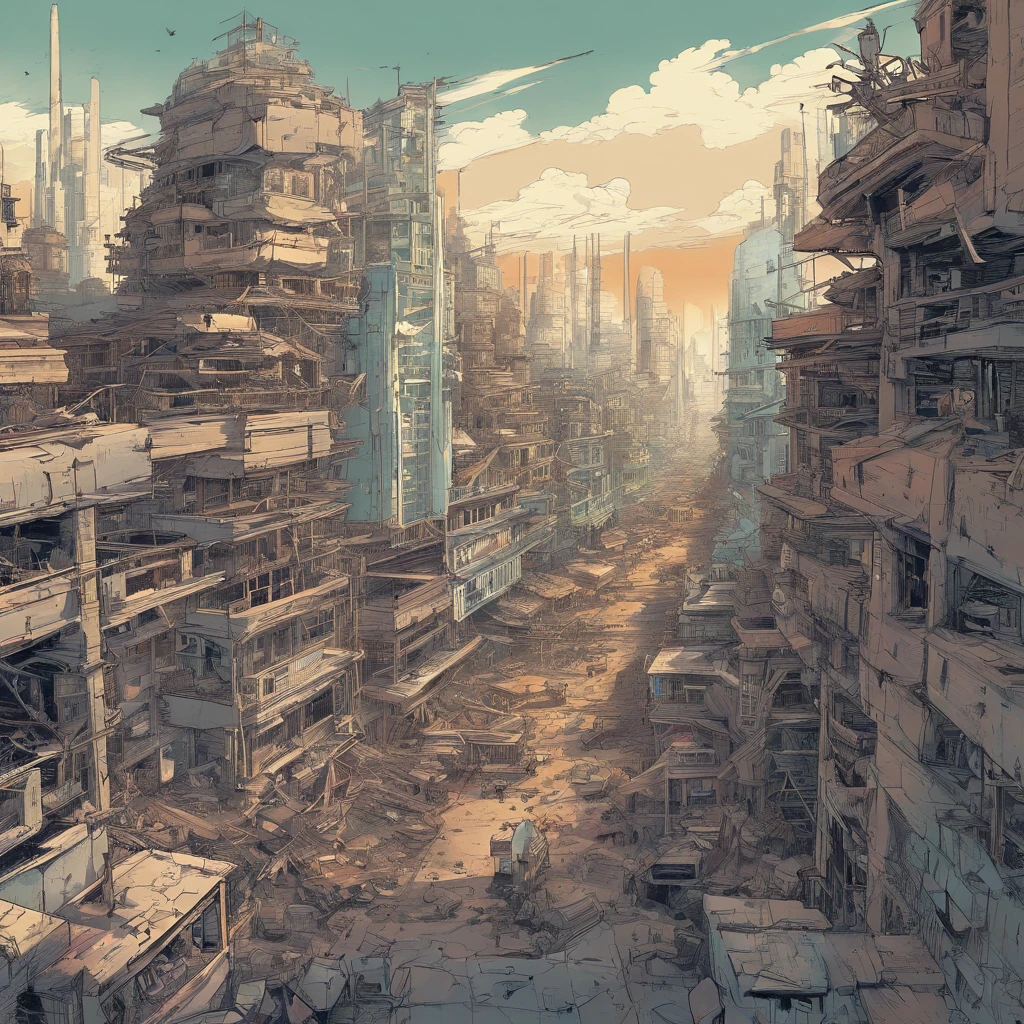 Tiro no meio, (Estilo Cel-shading:1.3), Grupo de astronautas saindo da a nave espacial pousada na rua de uma grande cidade, Imagem centralizada, Ultra detailed illustration of a ruined metropolis, Tall buildings destroyed, streets with burning cars and a lot of destructiona, (cores tetradicas), Inkpunk, (linhas de tinta:1.1), contornos fortes, Arte por Sead Mead, Bold strokes, Unframed, alto contraste, (cel-sombreado:1.1), vetor, 32k resolution, melhor qualidade, cores planas, Luzes planas