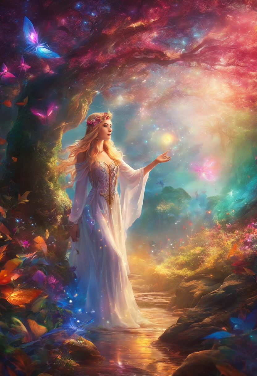 Elven girl casting a mysterious glowing spell、forest fae、 Fantasy Rainbow Forest, Vibrant colors, Ethereal lighting, Detailed leaves, Magical atmosphere, Mesmerizing views, dreamy ambiance, Sparkling brilliance, flowing robe, Little magic, Ethereal creatures, Enchanted Tree, sparkling streams, Radiant energy, mystic symbols, Surreal Beauty, Otherworldly scenery, Swirling mist, Enchantment in the air, captivating moment, seductive sight, Ethereal essence, magic spells, Mystical aura, Bewitching charm, Enchanting onlookers, Transcendental experience, magic vortex, Hidden secrets, Capricious creatures, Vibrant enchantment, enchanting atmosphere, Ethereal melodies, radiant light rays, Otherworldly colors, Captivating movement, Joyful celebration in nature, Enchanting nymph, super powers, Pulsating energy, Enchanting spells, Fantastic Realm, Transcendental experience
