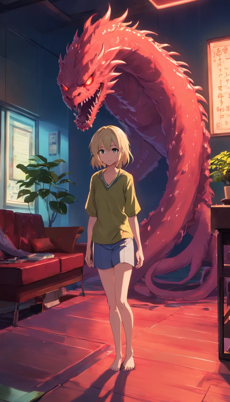 NSFW, ((beste-Qualit)), ((Master Part)), A large demonic monster with slimy tentacles, sticking out of the back, supported by its long arms, Short legs, Dog paws, big hands, grey skin, deep blue eyes, Thin, pale blonde hair, pointed ears, Handsome humanoid scary guy with long lower fangs, summoned alone at night to a modern and creepy living room, illuminated by a chilling red light