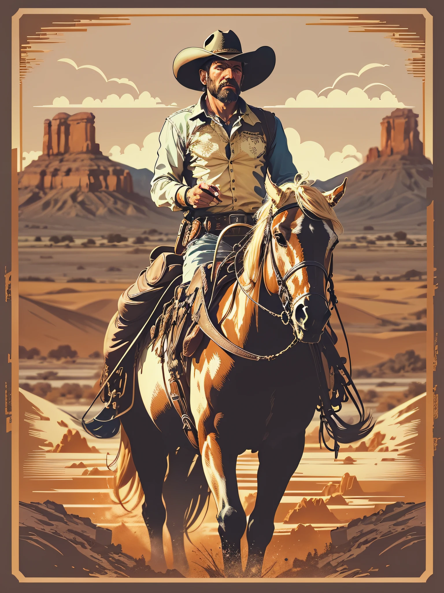 High quality design vector style image, t-shirt print style, graphic art of cowboy on top of a horse white background realistic colors, american old west scene in desert texas, vector image.