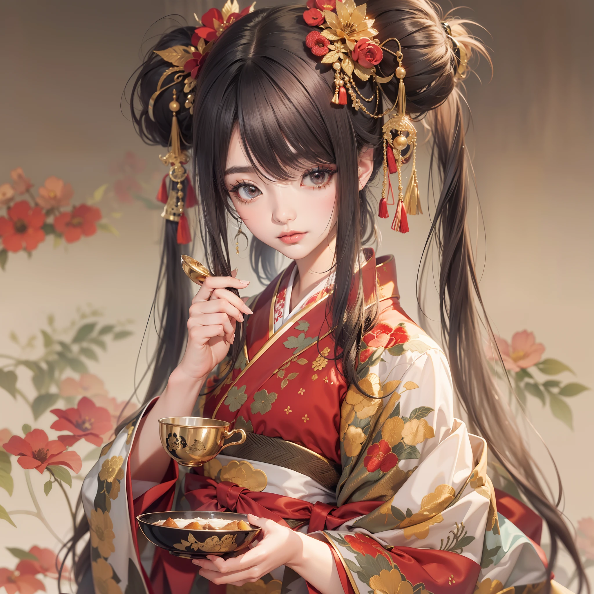 Detailed background(tea shop(The cityscape of Kyoto seen outside the window))、BREAK,Put it in your mouth(a cake),BREAK,elaborate costume{Luxury kimono(Dark red kimono(Detailed golden embroidery,))}、(Japanese Idol(actress):1.2)(face perfect:1.2),Depicting a beautiful and classy adult woman。glossy dark hair,poneyTail,Heart in the eye。 Wallpapers 16K, .Blur the background with a sickle,((masutepiece)), ((Best Quality)),{{a portrait photo of}},full body Esbian、Faraway view,Like a corporate logo