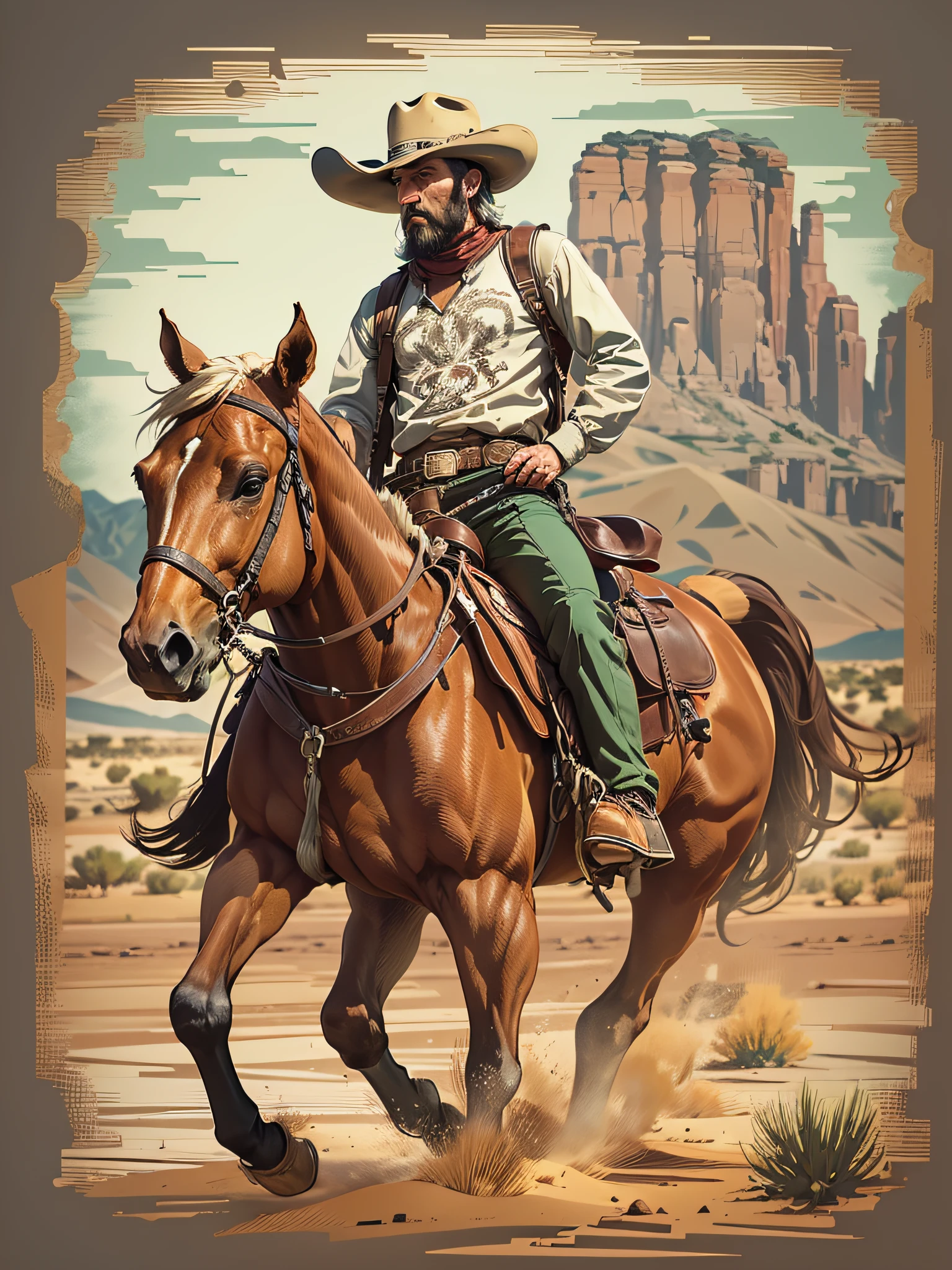 High quality design vector style image, t-shirt print style, graphic art of cowboy on top of a horse white background realistic colors, american old west scene in desert texas, vector image.