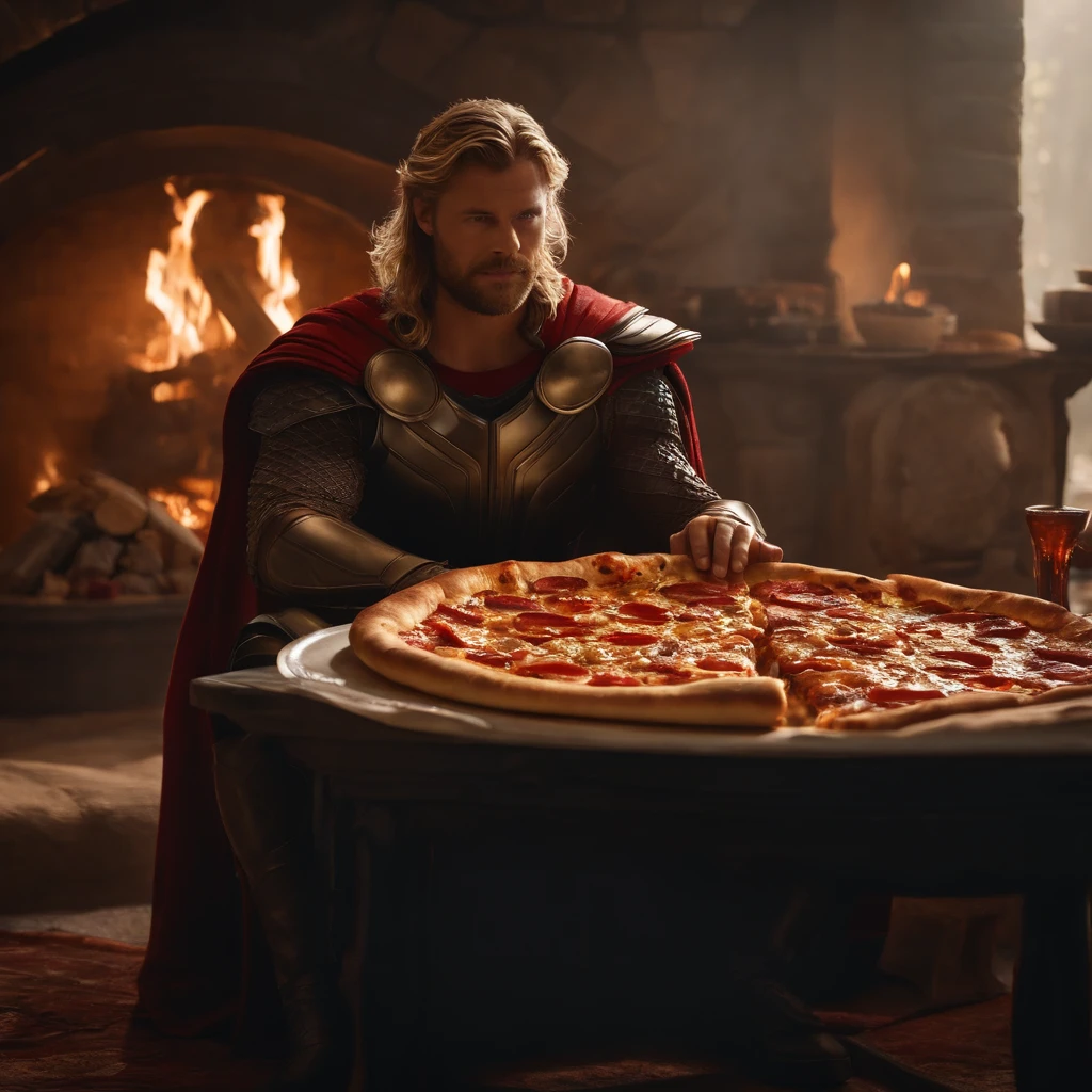 Muy gordo Thor come pizza grande, Detalles altos, ultra foto realsisim, realista, 8k