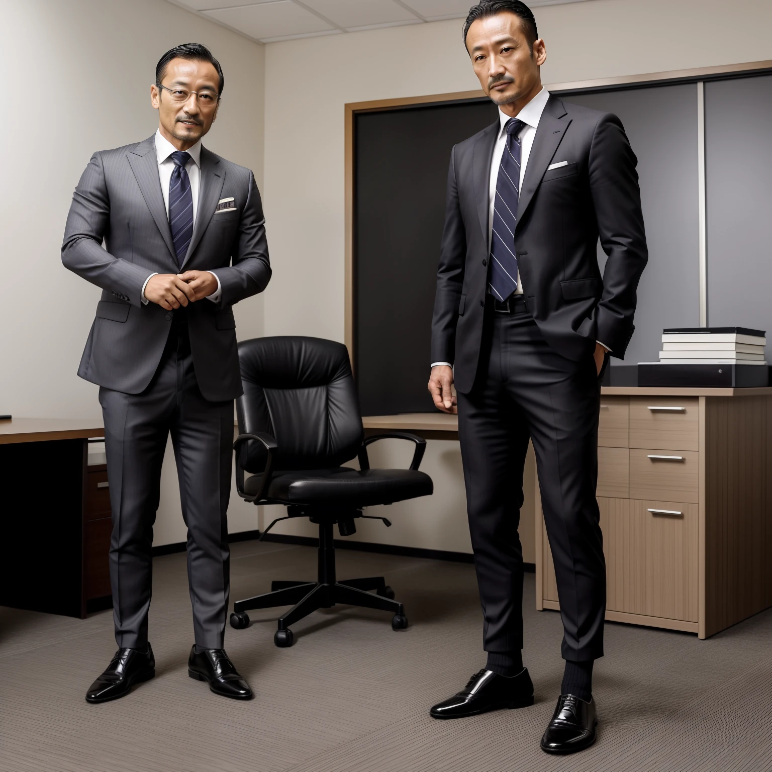 aged 40,Hidetoshi Nakata ,(Kogoro Mouri 1.3),office room,black long socks,the feet,Foot pedaling,little beard,Two muscular men standing,Shirtless,long leges,Sexy leggings,