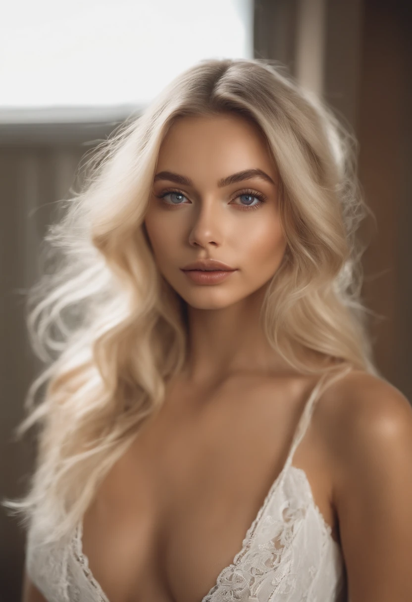femme blonde avec taillieur noire aux yeux bleus, Portrait Sophie Mudd, Portrait de Corinna Kopf, cheveux blonds et grands yeux, selfie of a young woman, ohne Maquillage, maquillage naturel, Look directly into the camera, Visage avec Artgram, dezentes Maquillage, Superbe photo du corps entier, dans la chambre, gros seins, Blonde, Latin