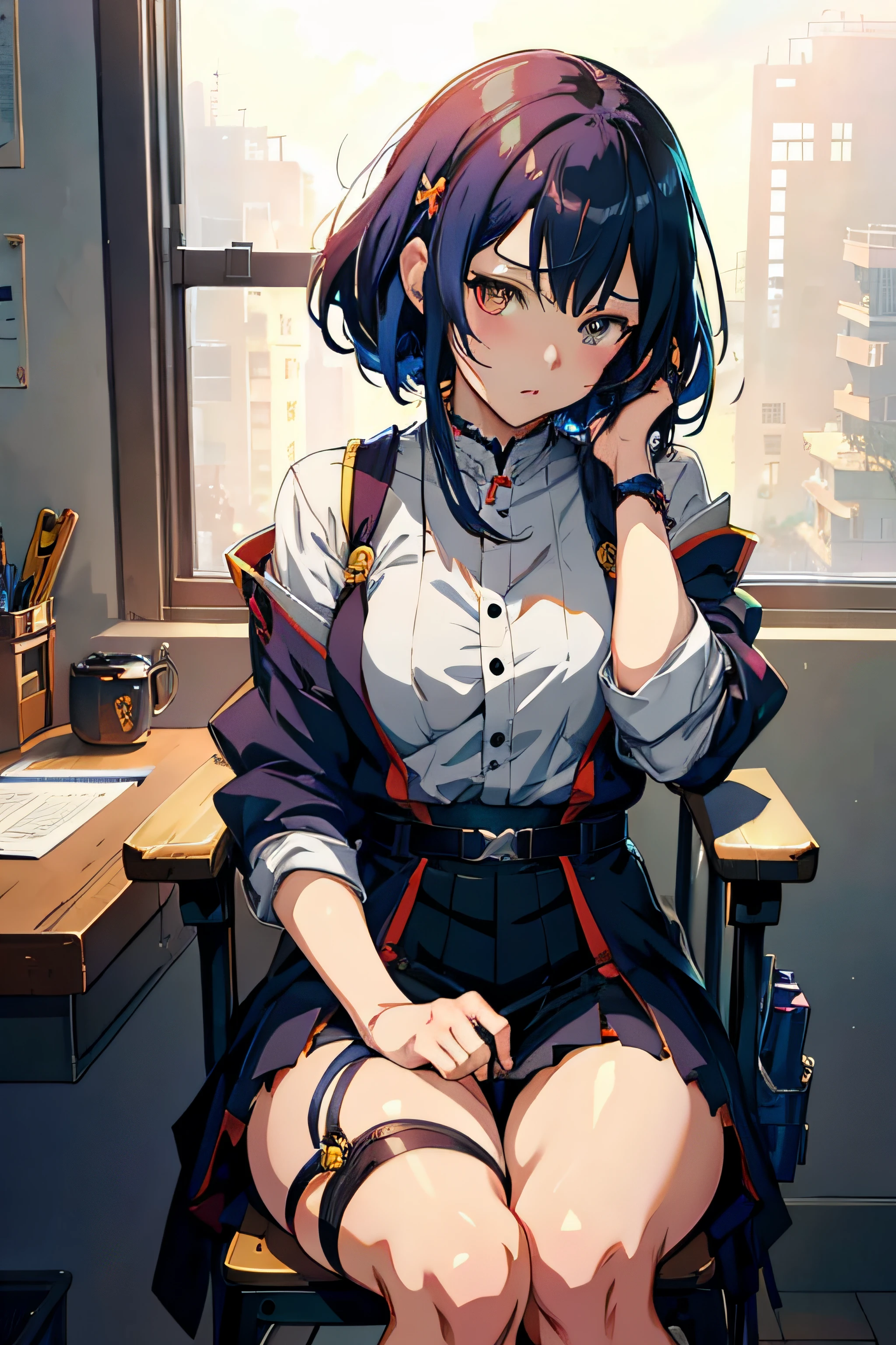 anime girl sitting on a chair with her head on her hand, ( ( ( yoshinari yoh ) ) ), guweiz on pixiv artstation, trending on artstation pixiv, guweiz, guweiz on artstation pixiv, digital art on pixiv, clean detailed anime art, by Krenz Cushart, from arknights