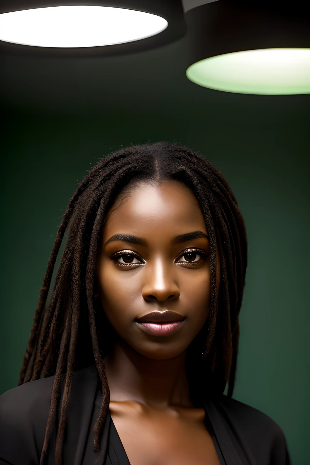 (8k, Photo brute, Highest quality), Beautiful Ebony Girl, Poils sarcelle, yeux sarcelle, heureuse, gros plan, robe verte longue, (detailled eyes:0.8), (looking at the camera:1.4), (Highest quality), (meilleure ombre), Intricate details, interior, Studio sombre, muted colors, (Contraste To8Style), sur foond vert studio