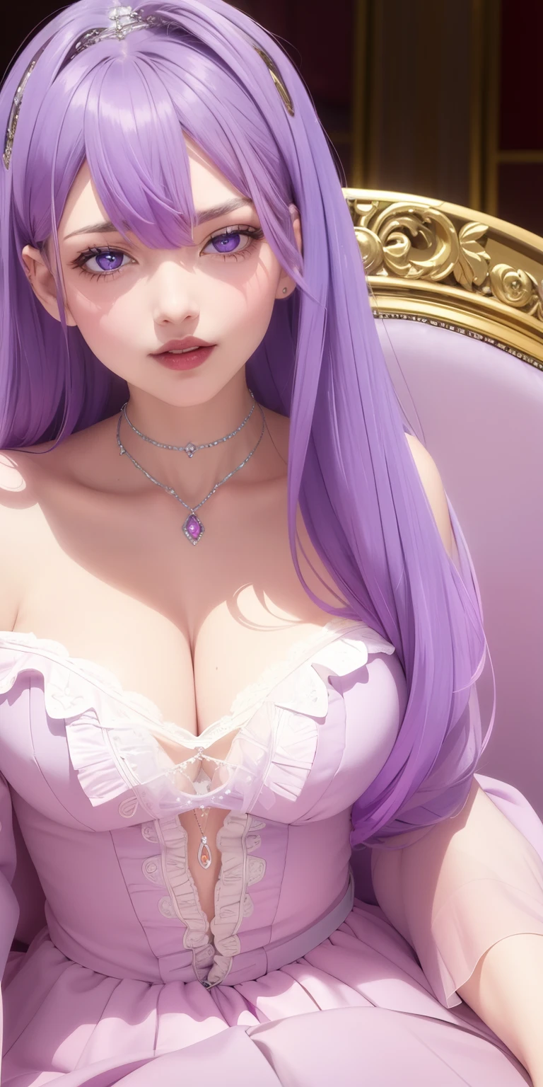 (masterpiece), best quality, intricate details, ultra details, ultra quality, rule of third, (looking at viewer), detailed face, detailed iris, glossy lips, 1girl, solo, long hair, purple eyes, hair between eyes, purple hair, hair intakes, bangs, :D, (full body shot), pink dress, inside, royal banquet, curtsey