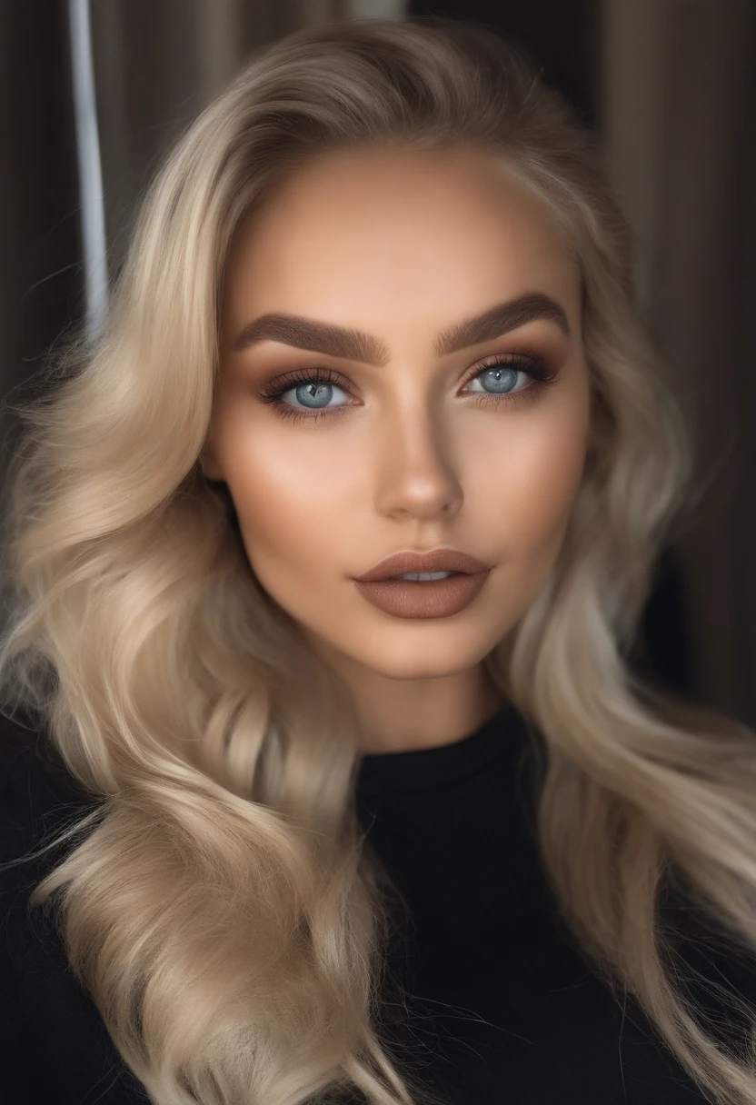 dans un burau avec imprimante jeune femme blonde avec taillieur noire aux yeux bleus, Portrait Sophie Mudd, Portrait de Corinna Kopf, cheveux blonds et grands yeux, selfie of a young woman, ohne Maquillage, maquillage naturel, Look directly into the camera, Visage avec Artgram, dezentes Maquillage, Superbe photo du corps entier, dans la chambre, gros seins, Blonde, Latin