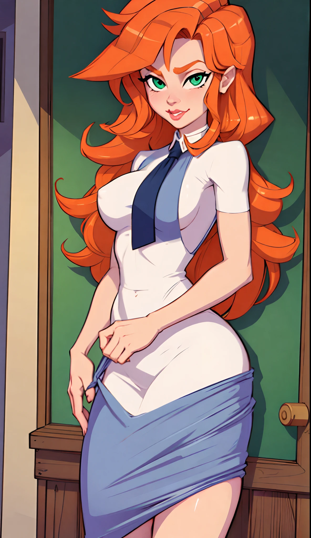 1girl, secretary, Best quality, masterpiece, cowboy shot, orange hair, green eyes, tight cloth, babysitter clothes, room