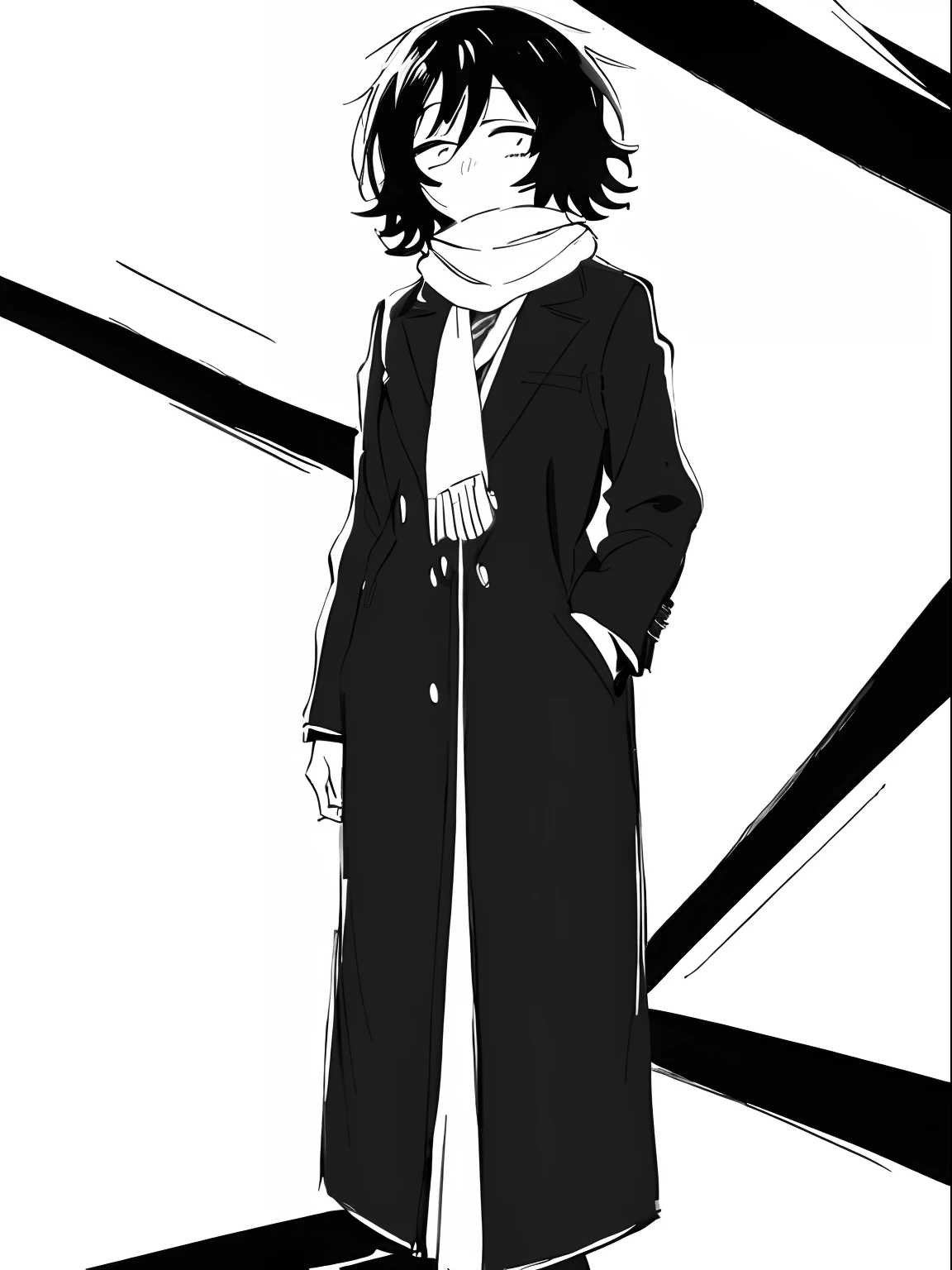 art of Akira Asai, scarf, coat, black and white, (sketch), (monochrome), ((white background)), ((blank background)), ((manga style)), manga, dark hair, medium hair, Call of the Night, (1girl), raw sketch, small pupils, thick lines, windy, (pencil sketch), full body