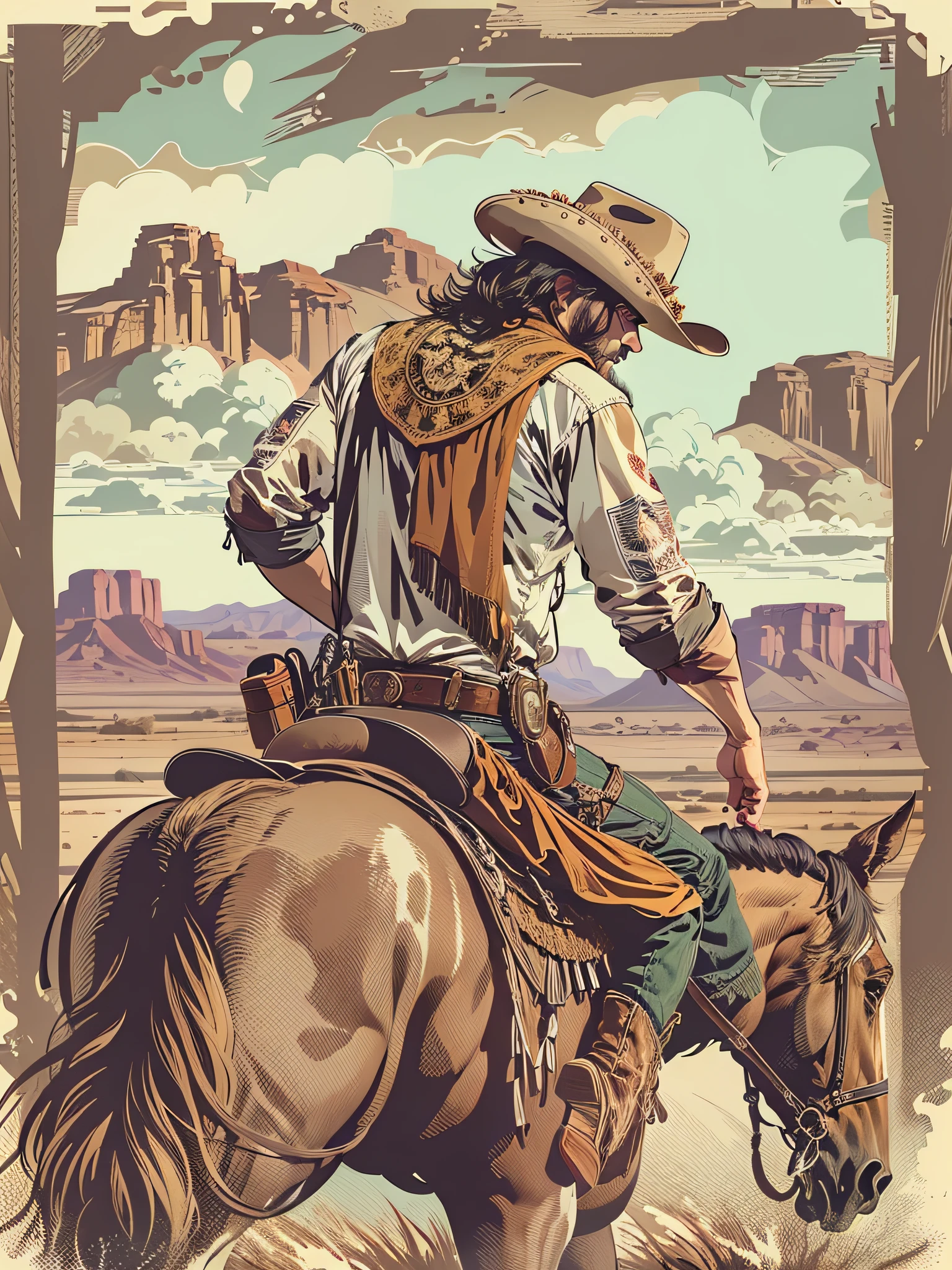 High quality design vector style image, t-shirt print style, graphic art of cowboy on top of a horse white background realistic colors, american old west scene in desert texas, vector image.