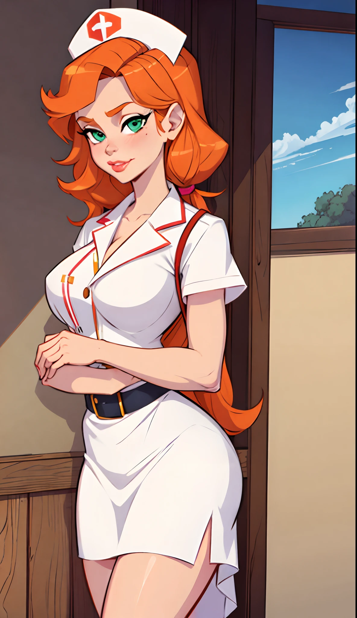 1girl, secretary, Best quality, masterpiece, cowboy shot, orange hair, green eyes, tight cloth, nurse clothes, hospital