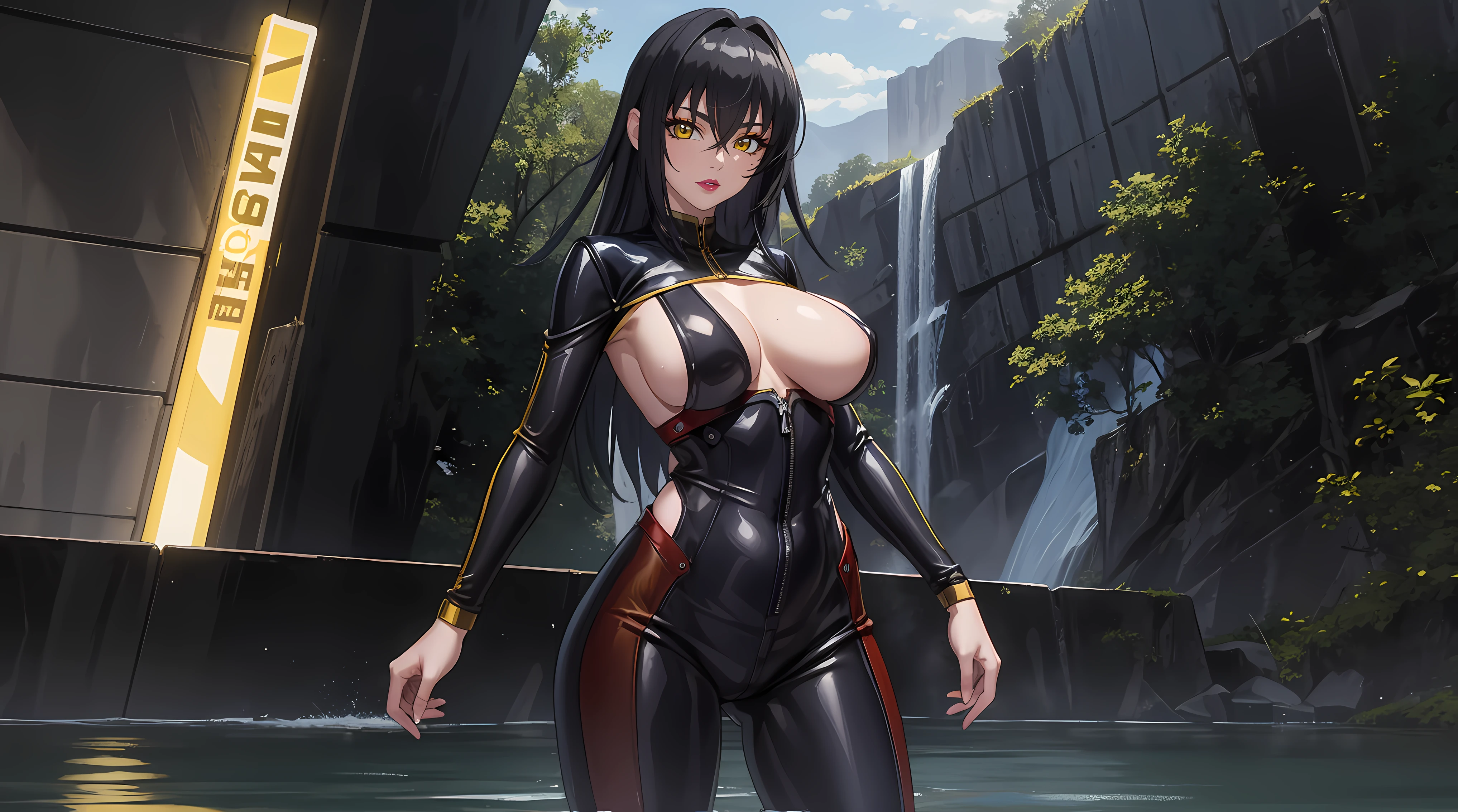 (masterpiece:1.4),(best quality:1.4), soft lighting, cinematic bloom, beautiful face, beautiful eyes, cowboy shot,
Annerose, 1girl, solo, female mature, black hair, long hair, (yellow eyes:1.4), large breasts, jumpsuit leather, skin tight, hair intakes, covered breasts, sideboob, exquisite eyes detail, exquisite character design unity details 8k hdr, professional art, landscape, (solo:1.5, cowboy shot:1.5), night, in the middle of lake surrounding by waterfall, sexy body, milf, 35 years old girl, big thighs, sexy waist