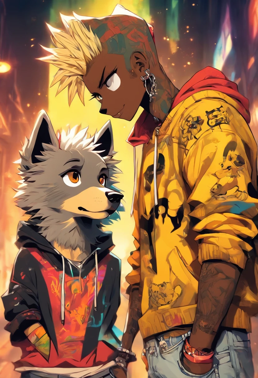 Two cool and trendy dogs talking to each other, White hair, Yellow eyes, Wear trendy hip-hop clothes, Wearing a hoodie, Graphic T-shirt and ripped jeans, Lots of tattoos and piercings, Doodle style background, Highly detailed background, perfect masterpiece, High quality, High resolution