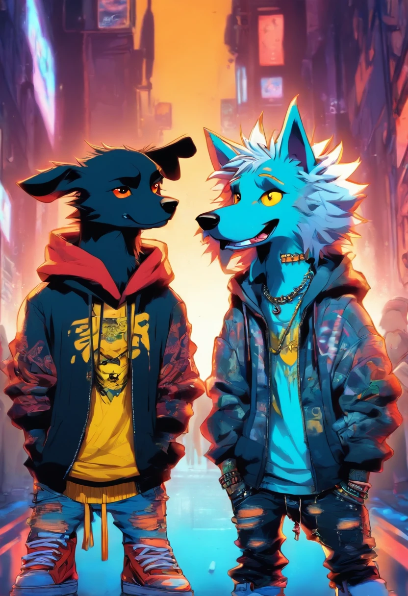 Two cool and trendy dogs talking to each other, White hair, Yellow eyes, Wear trendy hip-hop clothes, Wearing a hoodie, Graphic T-shirt and ripped jeans, Lots of tattoos and piercings, Doodle style background, Highly detailed background, perfect masterpiece, High quality, High resolution