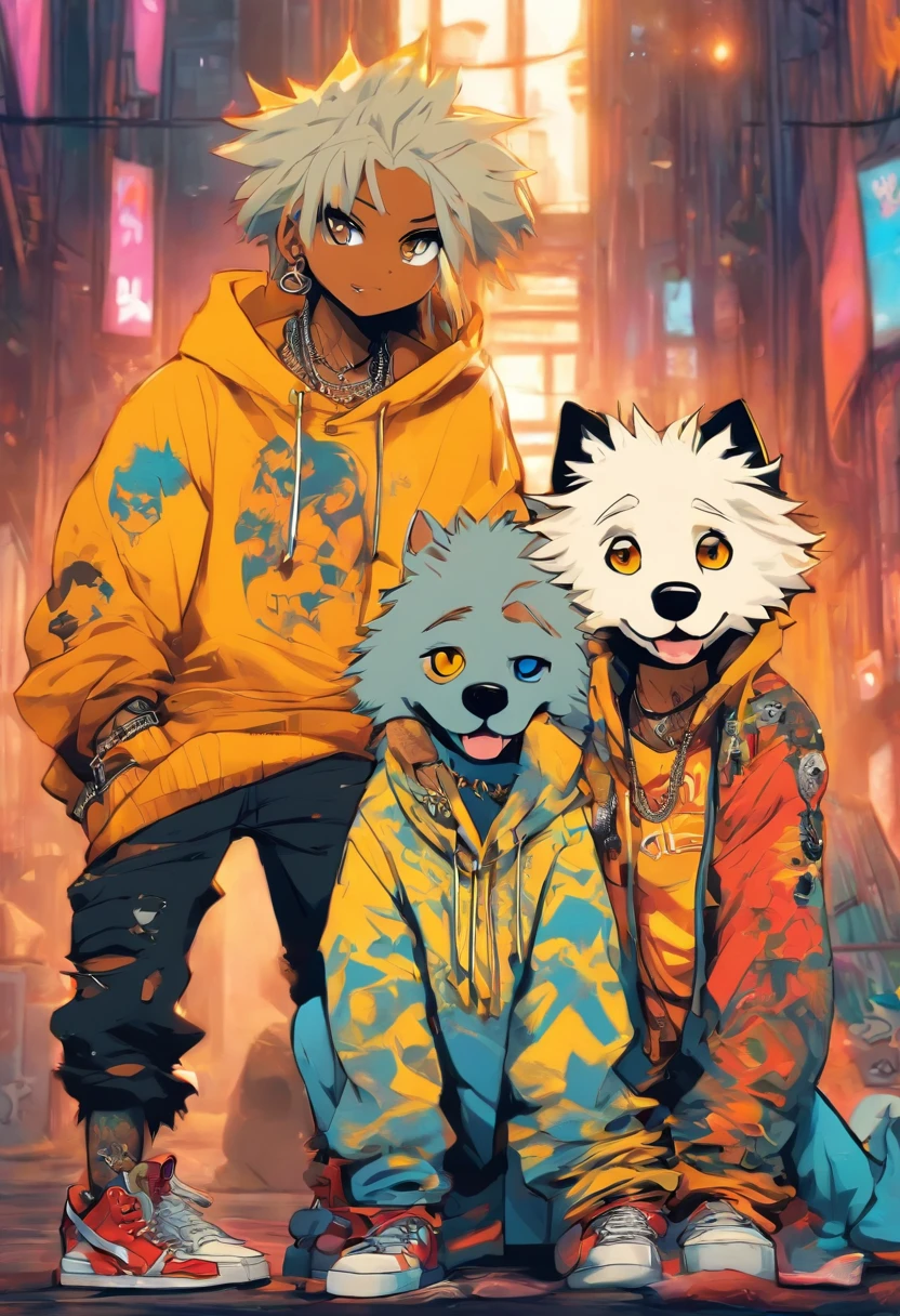Two cool and trendy dogs talking to each other, White hair, Yellow eyes, Wear trendy hip-hop clothes, Wearing a hoodie, Graphic T-shirt and ripped jeans, Lots of tattoos and piercings, Doodle style background, Highly detailed background, perfect masterpiece, High quality, High resolution