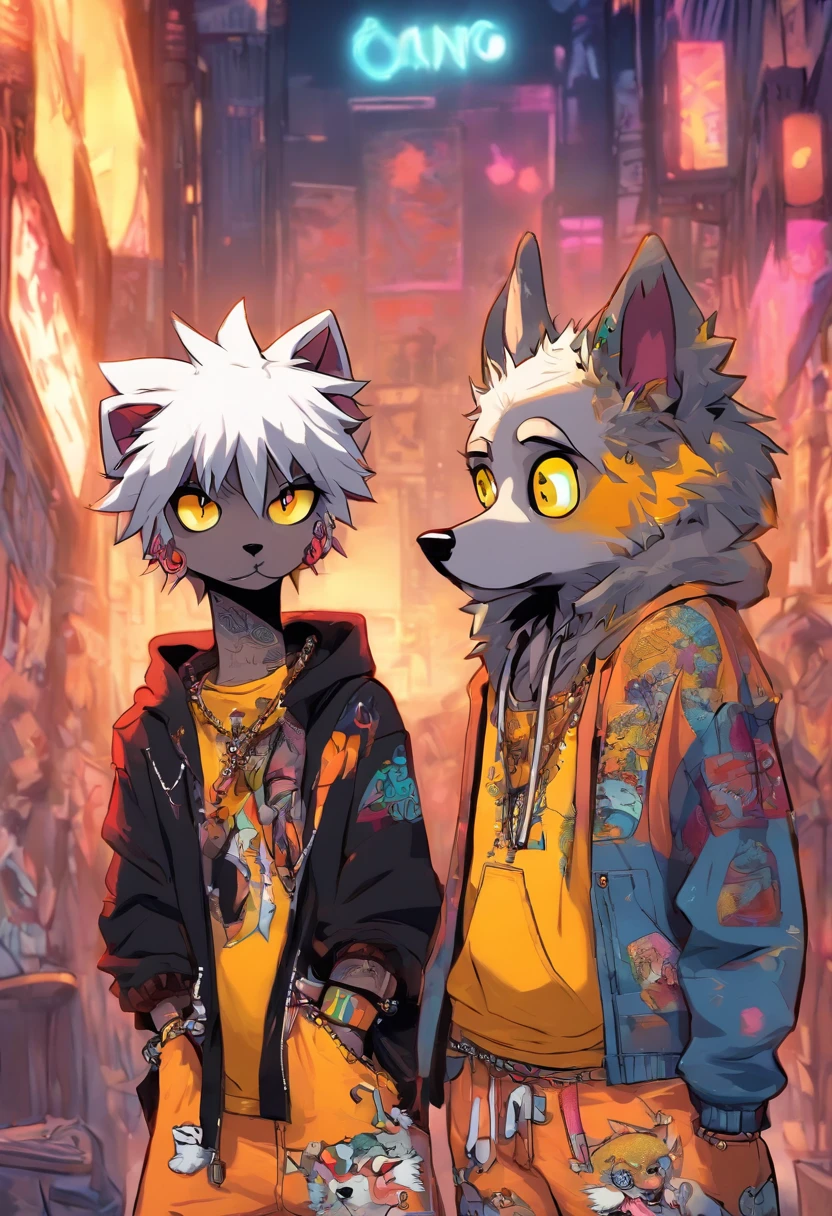 Two cool and trendy dogs talking to each other, White hair, Yellow eyes, Wear trendy hip-hop clothes, Wearing a hoodie, Graphic T-shirt and ripped jeans, Lots of tattoos and piercings, Doodle style background, Highly detailed background, perfect masterpiece, High quality, High resolution