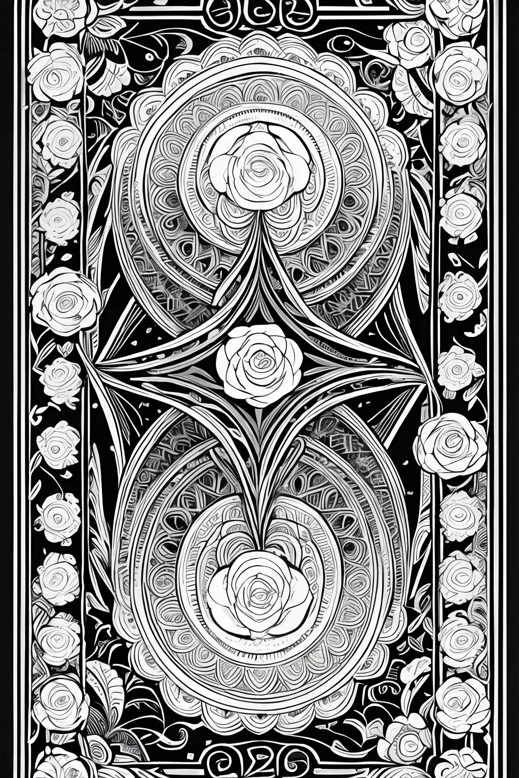 colouring page for children, mandala, clean line art, no background,Expressed only in black line drawings,More white,one flower,tarot card-style,Roses around the perimeter