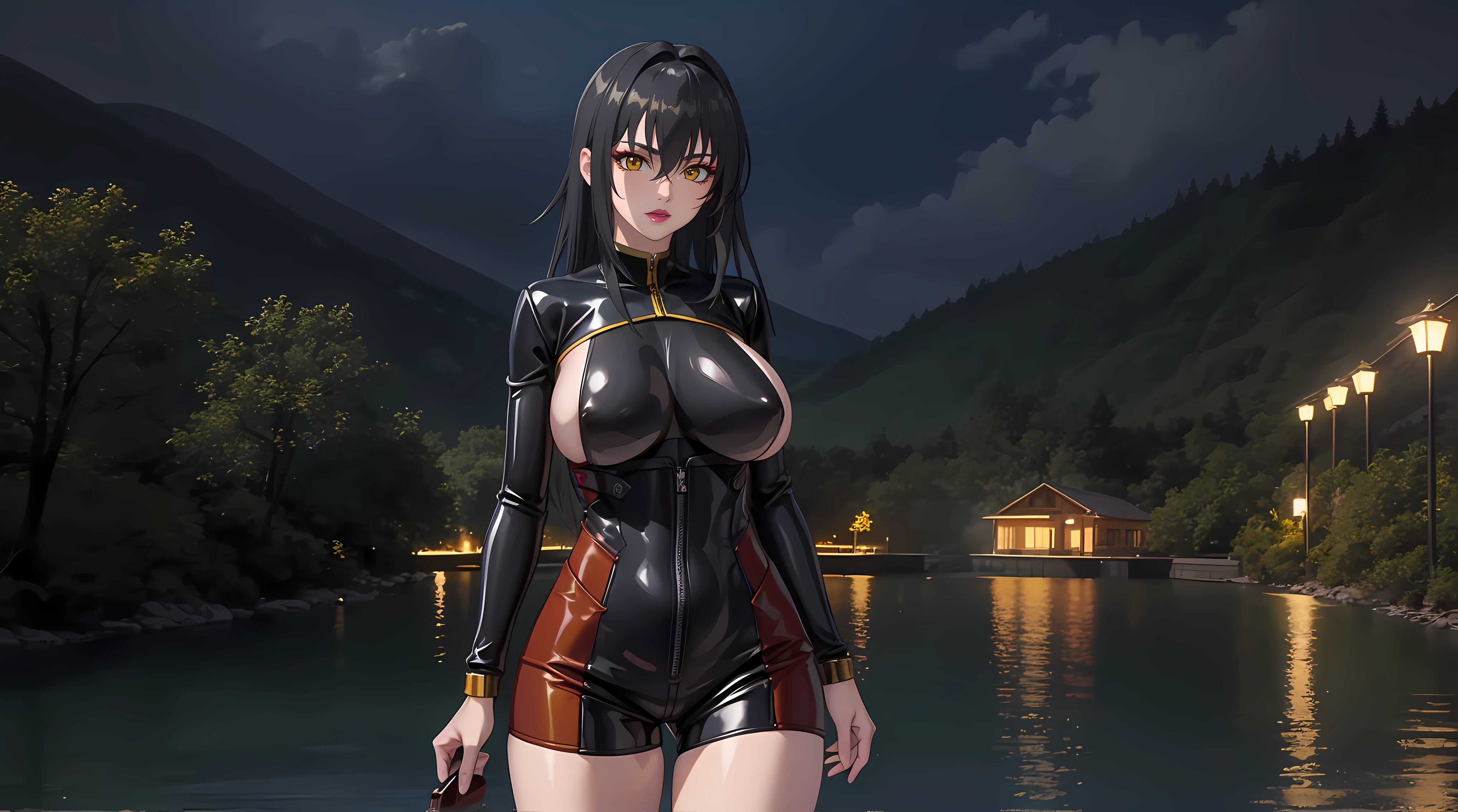 (masterpiece:1.4),(best quality:1.4), soft lighting, cinematic bloom, beautiful face, beautiful eyes, cowboy shot,
Annerose, 1girl, solo, female mature, black hair, long hair, (yellow eyes:1.4), large breasts, jumpsuit leather, skin tight, hair intakes, covered breasts, sideboob, exquisite eyes detail, exquisite character design unity details 8k hdr, professional art, landscape, (solo:1.5, cowboy shot:1.5), night, in the middle of lake surrounding by waterfall, sexy body, milf, 35 years old girl, big thighs, sexy waist