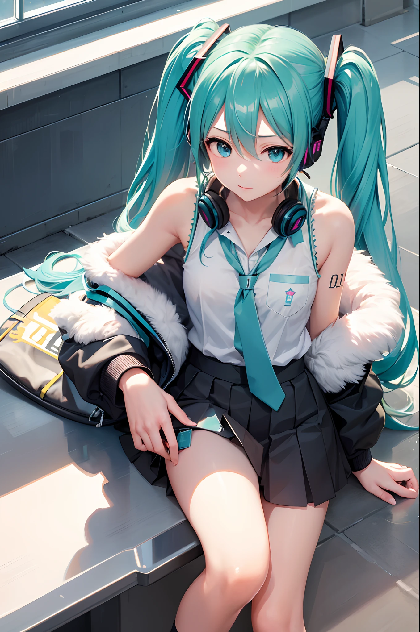 (Masterpiece, Best quality), Hatsune Miku, Student uniform, Earphone