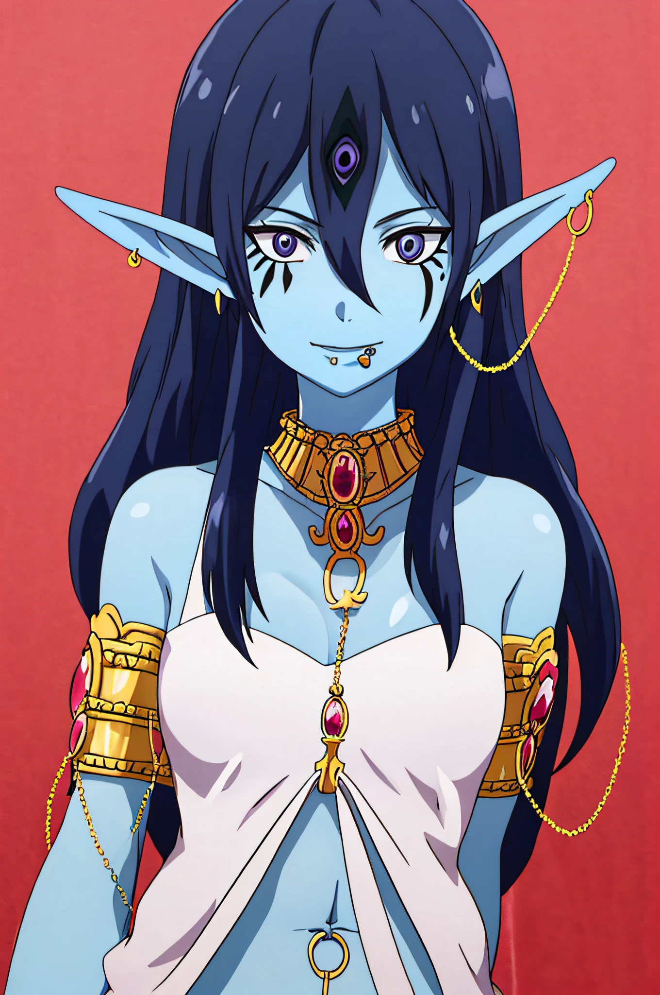 Paimon_aiwaifu,blue skin,colored skin,long hair,jewelry,blue hair,piercing,pointy ears,earrings,blue eyes,lip piercing,very long hair,ear piercing,hair between eyes,collar,facial mark,monster girl,third eye,eyes visible through hair,necklace,shiny skin,shiny,bangs,hair_tubes,sharp fingernails,bare shoulders,,linked piercing,colored ,armlet,navel piercing,chain,shorts,belly chain,gem, ((portrait)), ((1girl)), ((solo)).