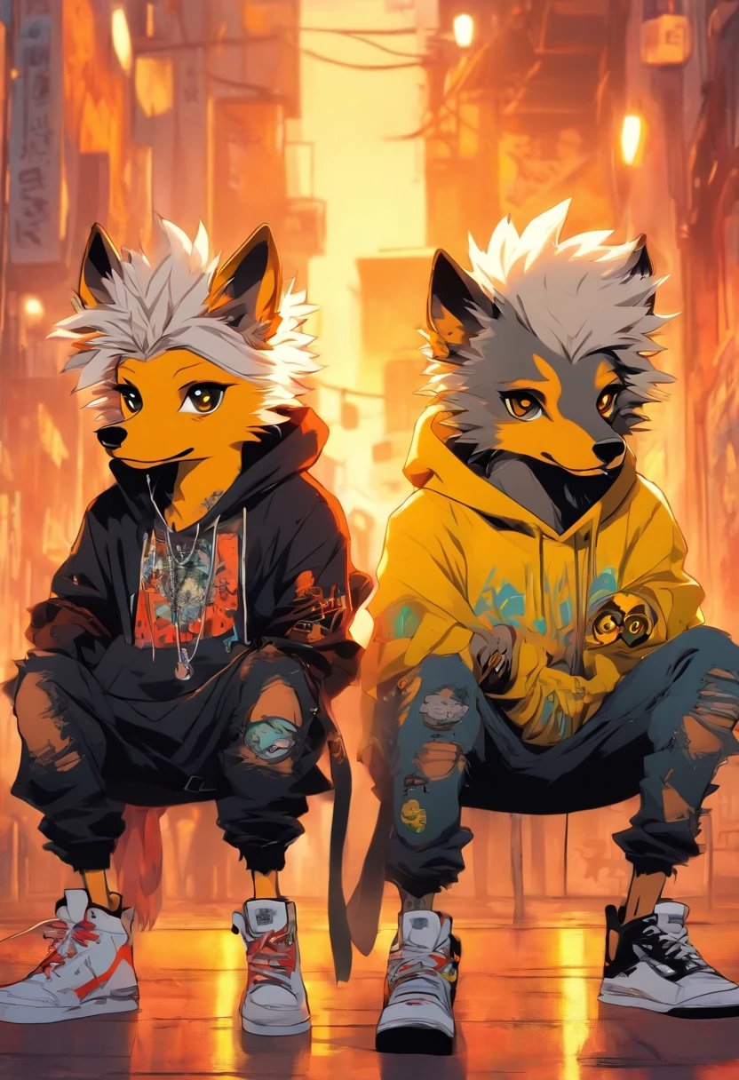 Two cool and trendy dogs talking to each other, White hair, Yellow eyes, Wear trendy hip-hop clothes, Wearing a hoodie, Graphic T-shirt and ripped jeans, Lots of tattoos and piercings, Doodle style background, Highly detailed background, perfect masterpiece, High quality, High resolution