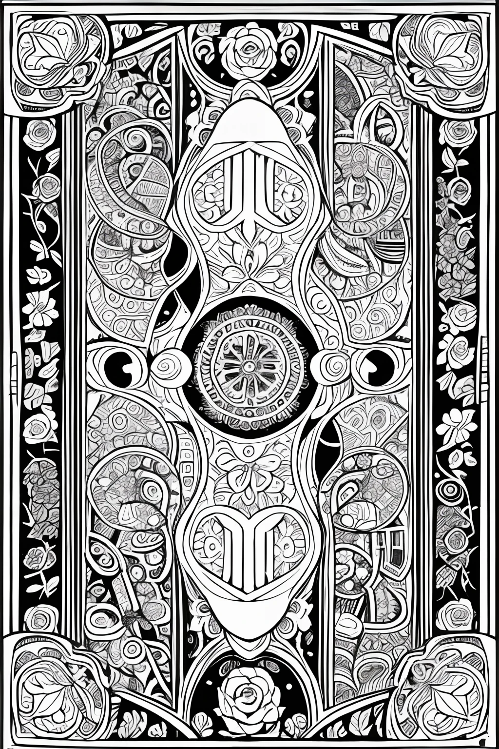 Adult Coloring pages, mandalas, clean line drawings, No background,Expressed only with black line art,More white,One Flower,Tarot card style,Surrounding roses