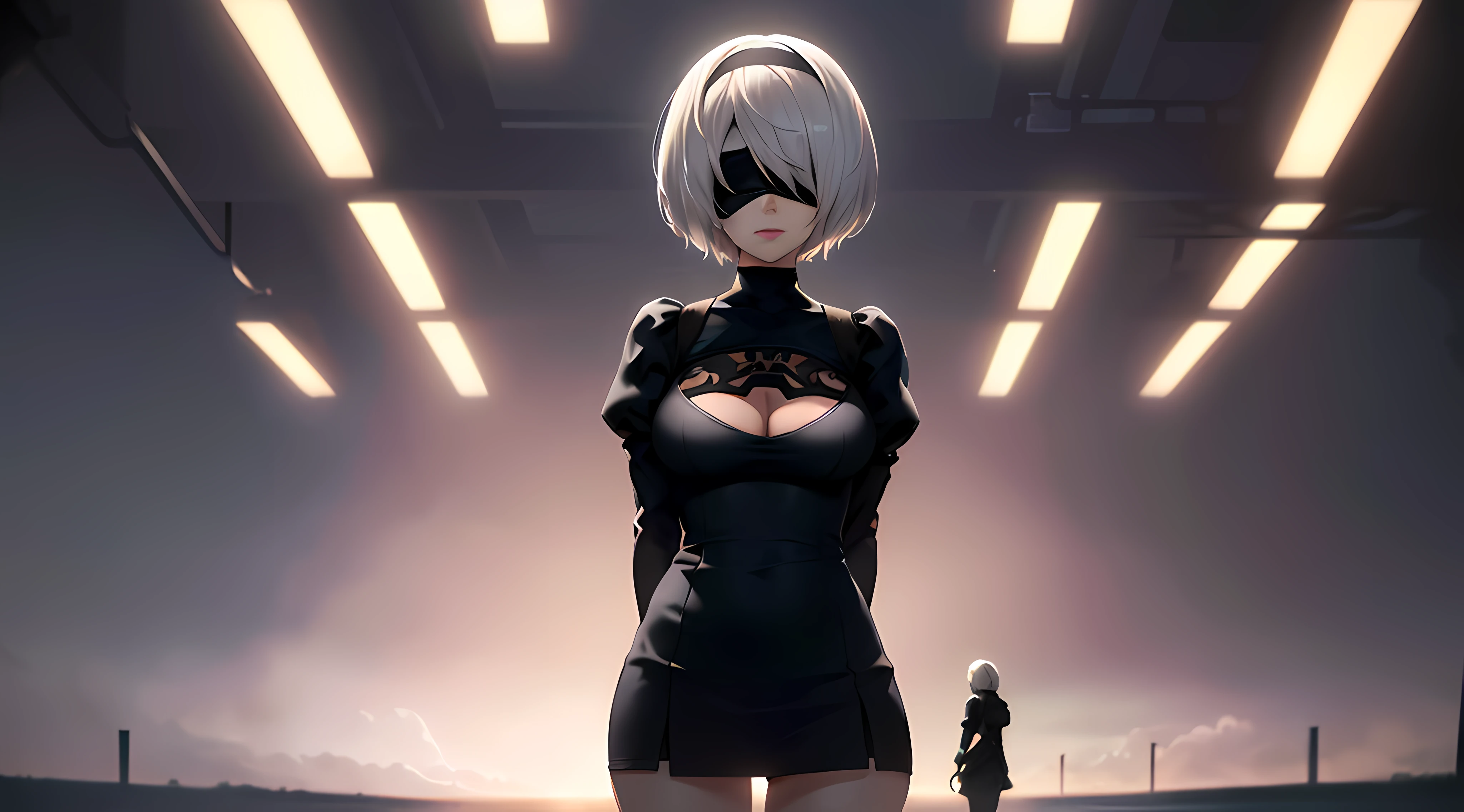 (Best quality, 8k, ultra high res, absurdes:1.2), ( 1girl, beautiful face, beautiful body, yorha no. 2 type b, short white hair, blindfold, Adult, mature), (badass, beautiful background, scenary, standing, looking at viewer, arms behind back)
