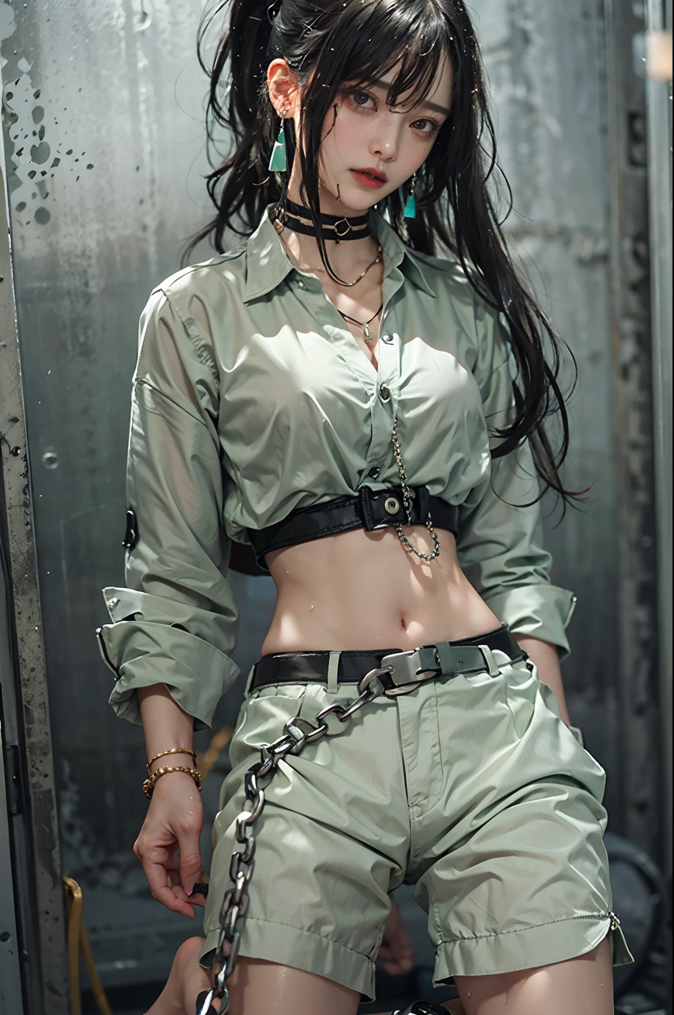 Black hair, {{ ponytail-hair}, {{secretary}}, (RAW photo, photorealistic), (very dark lip gloss, pitch black lipstick, so many eyelashes, pitch black eyeshadow, watery eyes, crying, angry, high quality, high resolution, depth of field, chromatic aberration, natural color, caustics, female,), necklace, single woman, choker, earrings, bracelet, soft looking big, good style, slender figure, full body, bare legs, body line very sexy, {{ transparent pale green shirt}, {{business suit}}, transparent pale shirt), (women's suit), (jacket), ponytail hair (captive woman), (chain necklace), (((choker)), ((collar)), (handcuffs)), (hands tied), (chained), (chained), (chained), ((handcuffs)), (hands tied), (bracelets), (chain accessories), (chained), shoulder-length hair, falling darkness, feeling face, disheveled clothing, caught, confinement, tying, chaining, chaining on wrists, chains on ankles, (dynamic pose), cinematic lighting, (hair about the collarbone), ((straight hair)), ((full body)), disheveled clothing, undressed, (((arched waist))), ((pure pale green shirt)), ((wet clothes)), (((restraint)), ((chain)), ((chain)), (buttocks raised), (open legs))), off-shoulder, disheveled clothing, bed, sleeping on bed,
