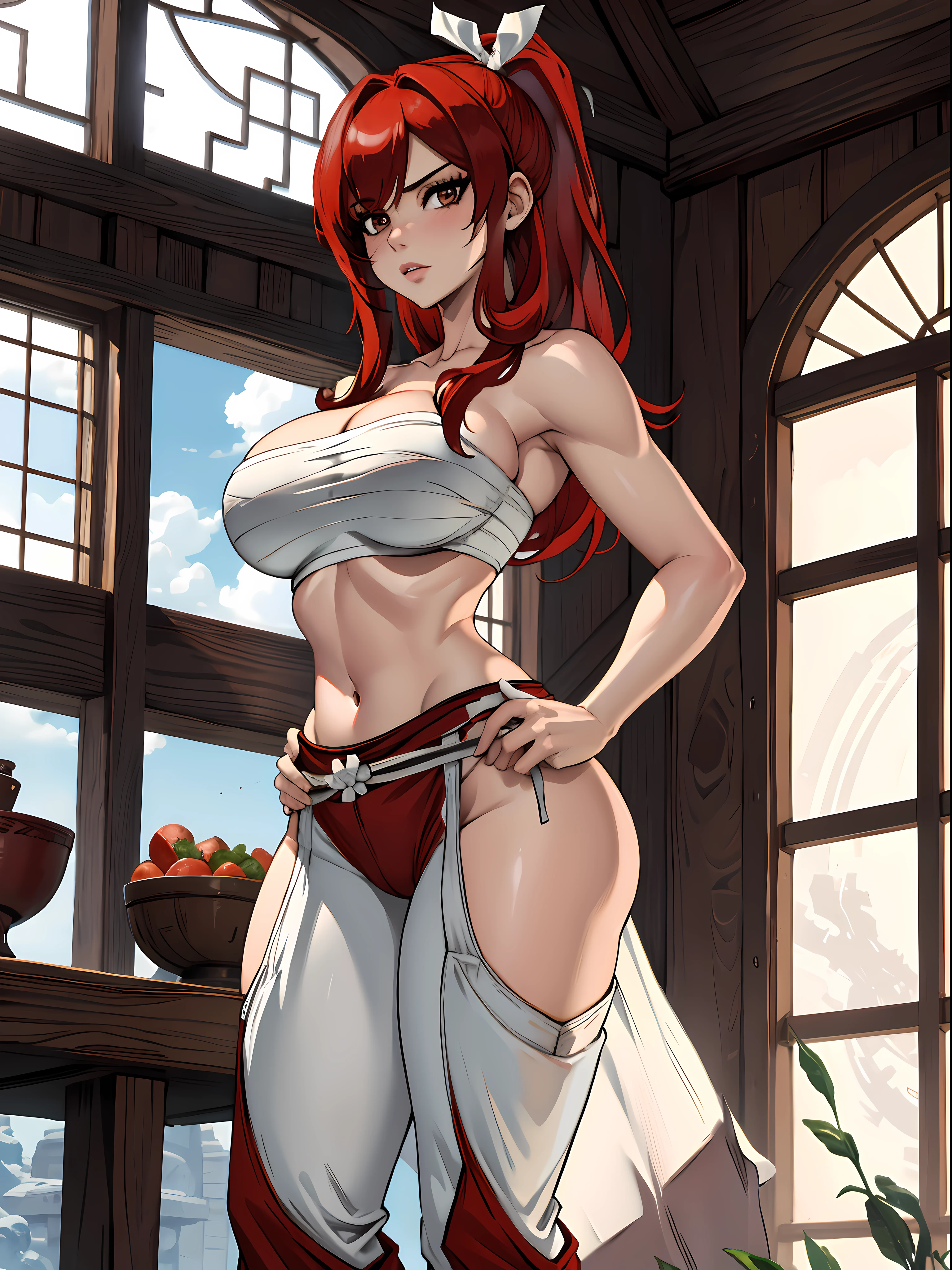 Masterpiece, Best Quality, hight resolution, fairytale, 1girl, hairlong, red hair, pony tail, white ribbon, hair above one eye, Brown eyes, large breasts, 鎖骨, Huge-breasts, Sarashi's chest, bandage, bare arms, midriff, Red Hakama, wide thighs, big butt, red pants, Cowboy shot, Indoors, Standing, epic pose, Erotica, the wind,